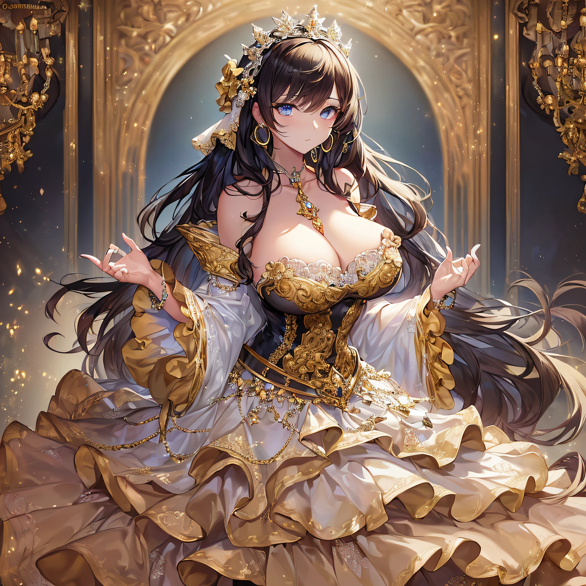 ((anime artstyle)),(Masterpiece),(Best Quality), (Super Detail),((Very Delicate and Beautiful)),(((Solo))),((full body)),(((1 bling-bling princess in beautiful embroidery and jeweled gorgeous rococo ball gown dress with voluminous full length hoop skirt))),((bling-bling)),Long train,(bling-bling gorgeous gemstone jewelry),detailed face and eyes,jewel-like eyes,((extremely voluminous Very Long Hair,Straight Hair)),((gigantic tits,Long tits)),cleavage,(gorgeousfull embroidery and lace),gorgeous corsage,See-through,extremely gorgeousfull hair ornament,bling-bling extremely gorgeousfull jeweled tiara,ornate ruffles,(hoop skirt,crinoline),((Dynamic Angle)),Looking at viewer,((full body)),((beautiful embroidery and jeweled extremely gorgeous rococo ball gown dress with voluminous full length hoop skirt))