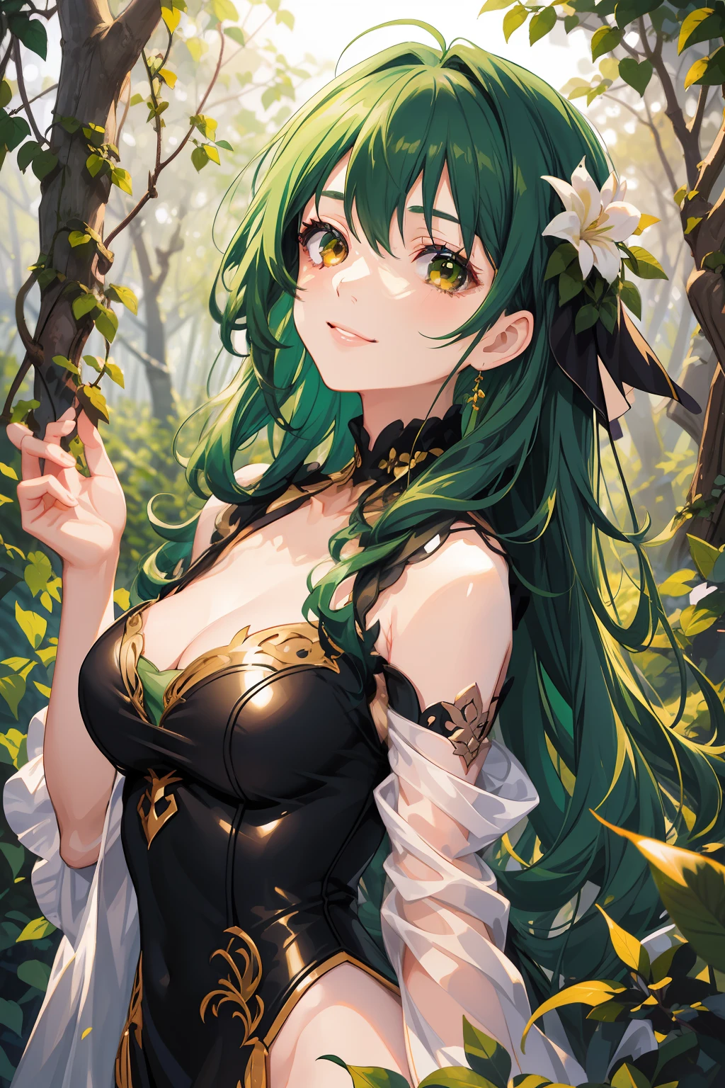 A woman of fragile build with long green hair and golden eyes. The girl is dressed in a green silk off-the-shoulder dress. She stands in the forest in a clearing. The girl's body wraps around the vines. Grapevines next to a girl. serious face, ssmile. beautiful detail eyes. Fields with flowers. Sun light. day light. beatiful face, handsome body.