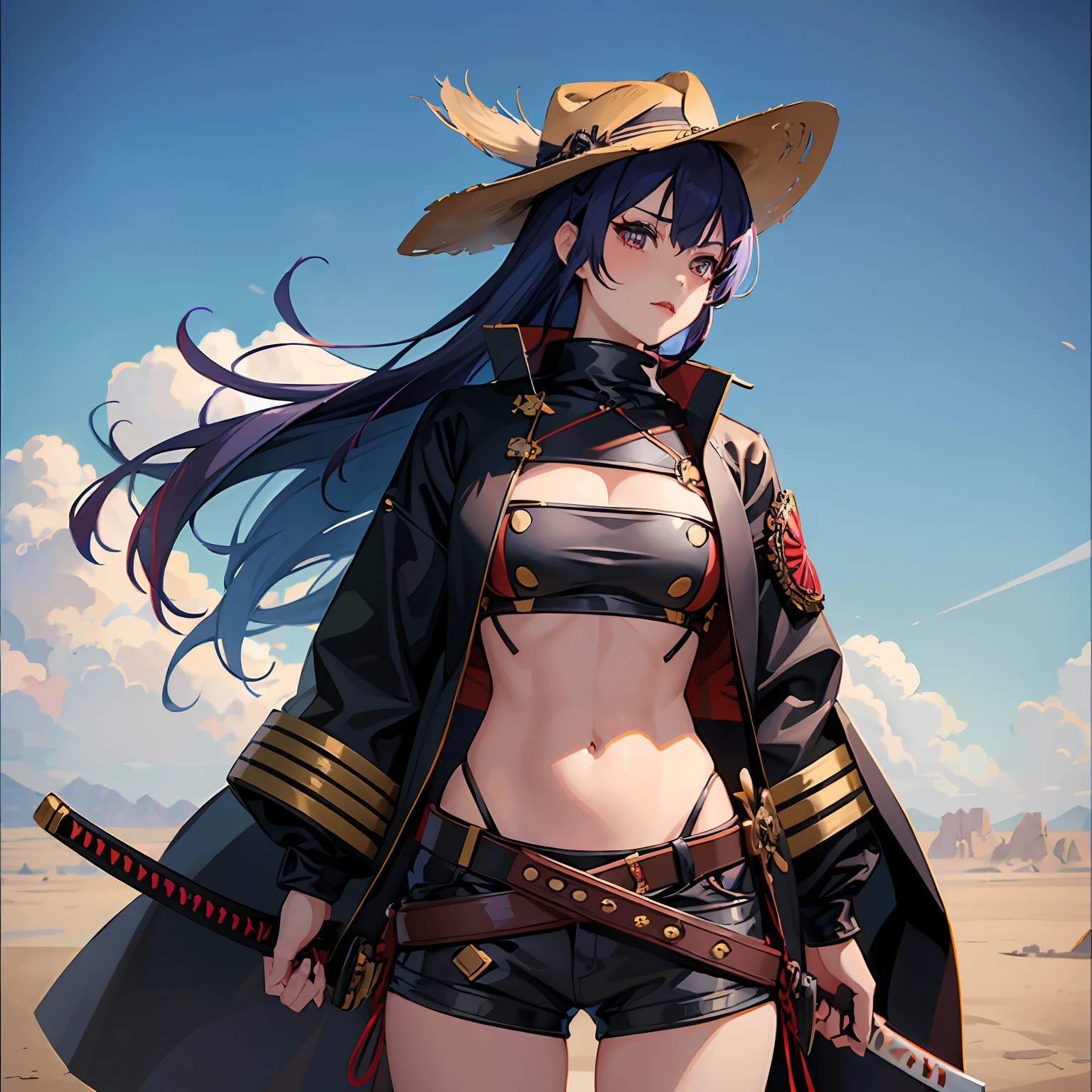 1girl, sexy anime girl, cowboy, candy colored hair, vtuber, samurai, bare midriff, hakama, cowboy, duster, long coat, cowboy hat, gun belts, weatern, dusty background, desert, hyperrealiatic background, red lips, looking at viewer, muscular, standing, katana, revolvers