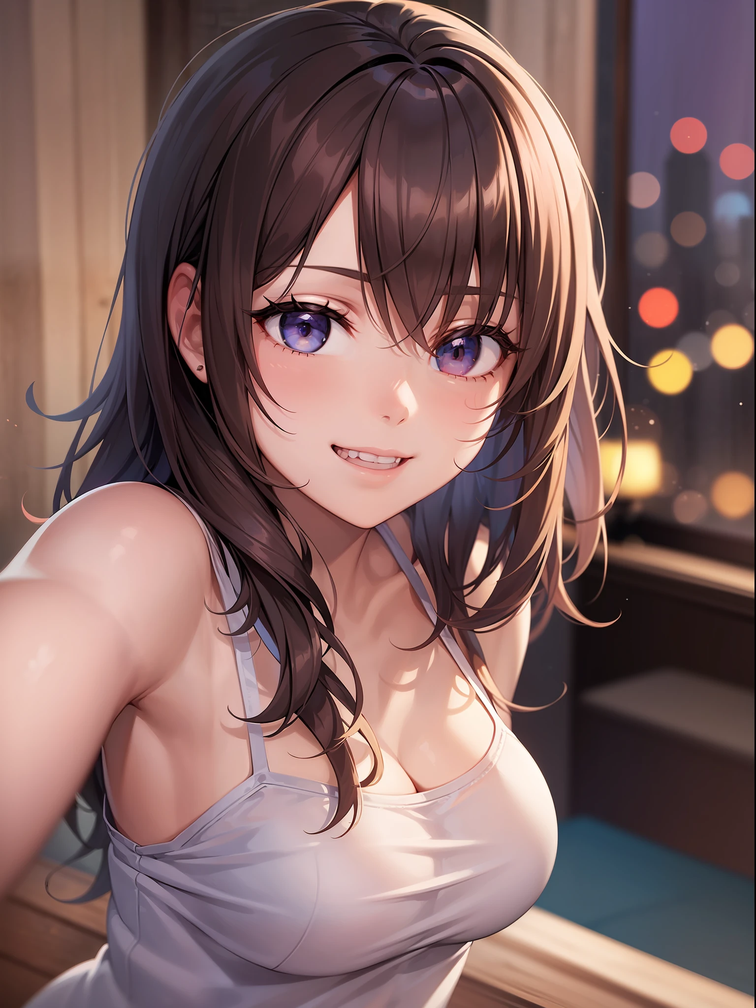 1girl, idol, model, depth of field, photo, film, face, skinny, smile, collarbone, teeth, movie, camisole, selfie, night,