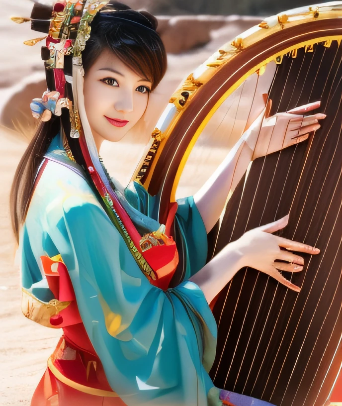 A smile、holding harp、Woman in oriental dress looking at camera, dry river bed