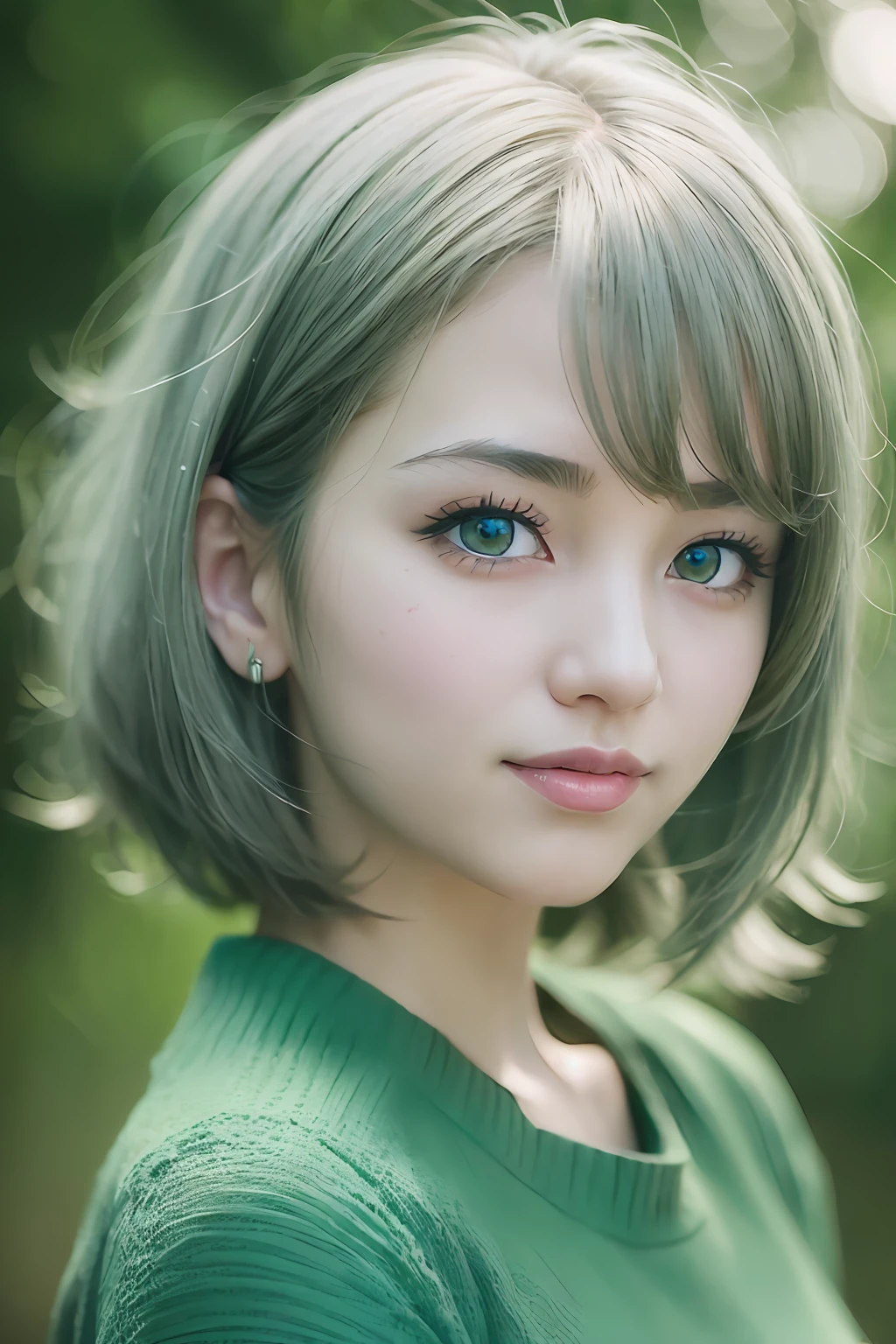 animesque、anime styled、Speciality、Moisturized eyes、Beautiful detailed eyes, (Short hair:1.2), (8K, Best Quality, masutepiece:1.2), (Realistic, Photorealsitic:1.37), Ultra-detailed, a closeup、portraitures、1 girl, Cute, Green head hair、Solo, (nose blush),(Smile:1.15),