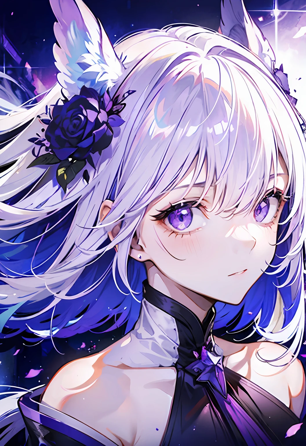 1 beautiful female with white hair and purple eyes