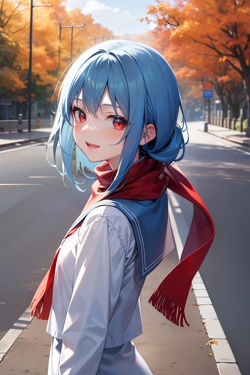 artistic photograph,A picture, Real light and shadow on a sunny day,autumnal,On the road,((a sailor suit)),1 beautiful girl,Turn sideways and turn around,happy laughing,The upper part of the body,(((Light blue hair))),Red eyes,(long whitr hair),Small twisted braids,(Red scarf)