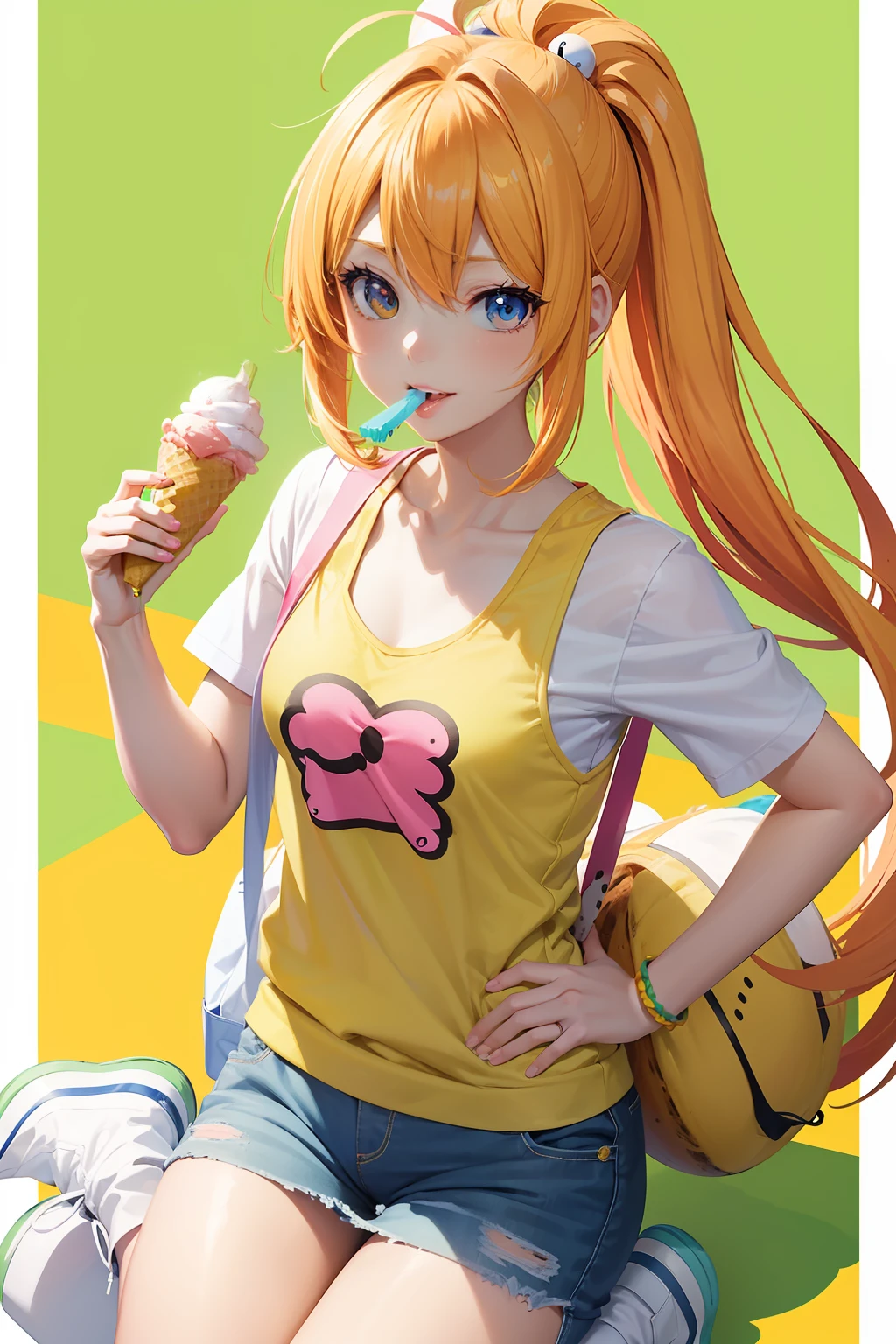 Anime character with a banana in his mouth, eating ice - cream, In an anime style, marin kitagawa fanart, by Naka Bokunen, In anime style, In a Japanese anime style, banana color, she is eating a peach, colored sketch, made with anime painter studio, high quality colored sketch, Eating ice cream, banana in, Ecchi anime style