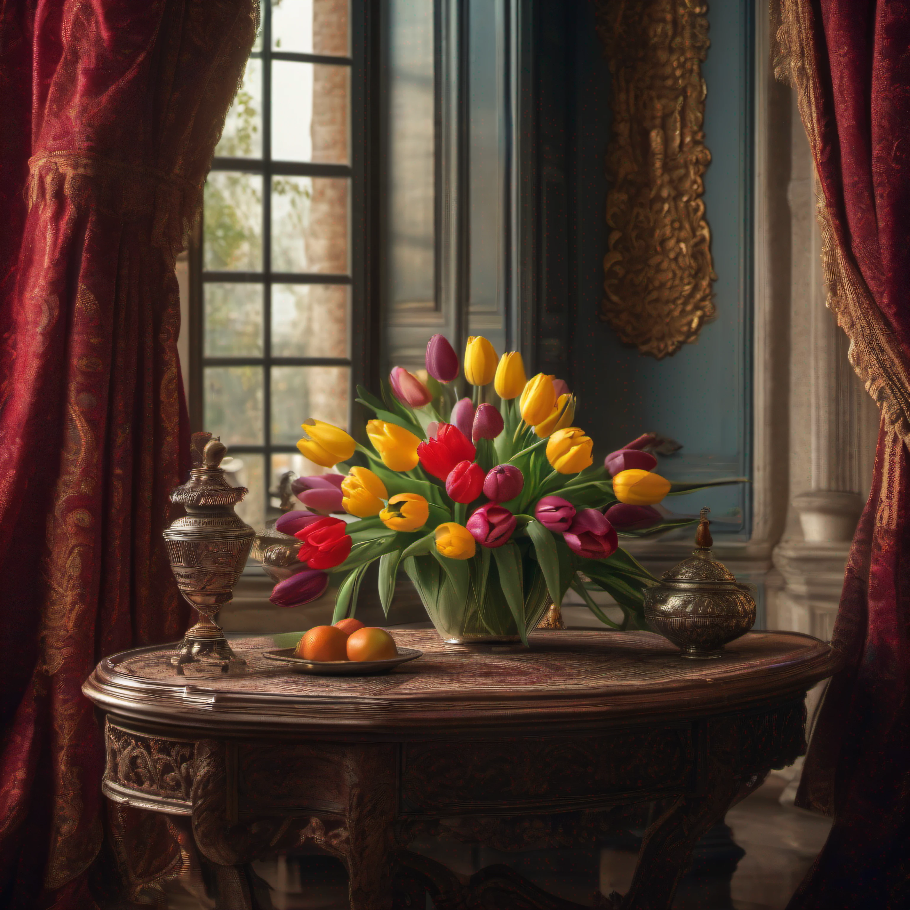 Still life with a tulips in vase and fruits on the drapery, multiflower, hyperdetailed intricately detailed baroque art trending on Artstation triadic colors Unreal Engine 5 detailed matte painting, deep color, fantastical, intricate detail, splash screen, complementary colors, fantasy concept art, 8k resolution, gothic deviantart masterpiece, (dark shot:1.4), soft cinematic light, adobe lightroom, photolab, hdr, intricate, highly detailed, (depth of field:1.4)