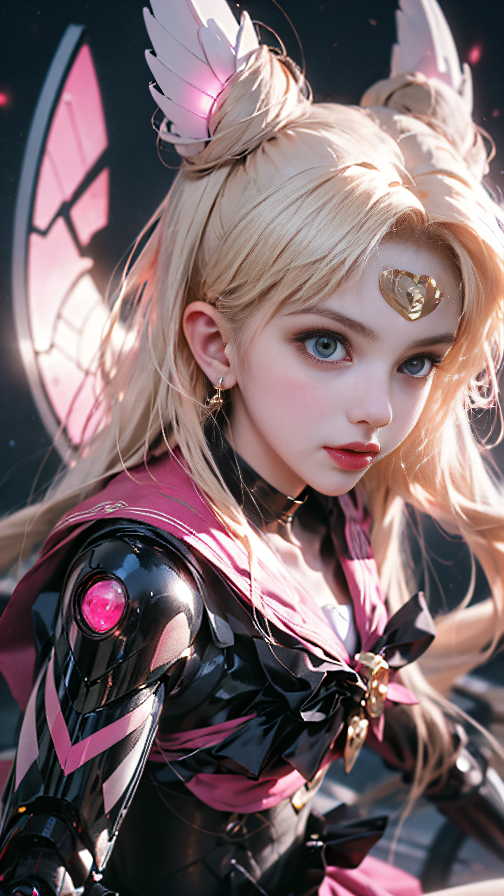 Super beautiful glowing big eyes、1 Mechanical Girl: 1.4, Sailor Moon, white mechanical arm, humanoid body, pink sailor suit, good looking face, Sailor Moon, moon hair, Rabbit ears, mechanical ears, White blouse, Blonde hair, Mechanical arm, Pink skirt, Side, heart-shaped robot in the background, sci-fi background, Complex background, hair glowing hair, forehead hair light, Moon, the panorama, mechanical wings, large wings in the background