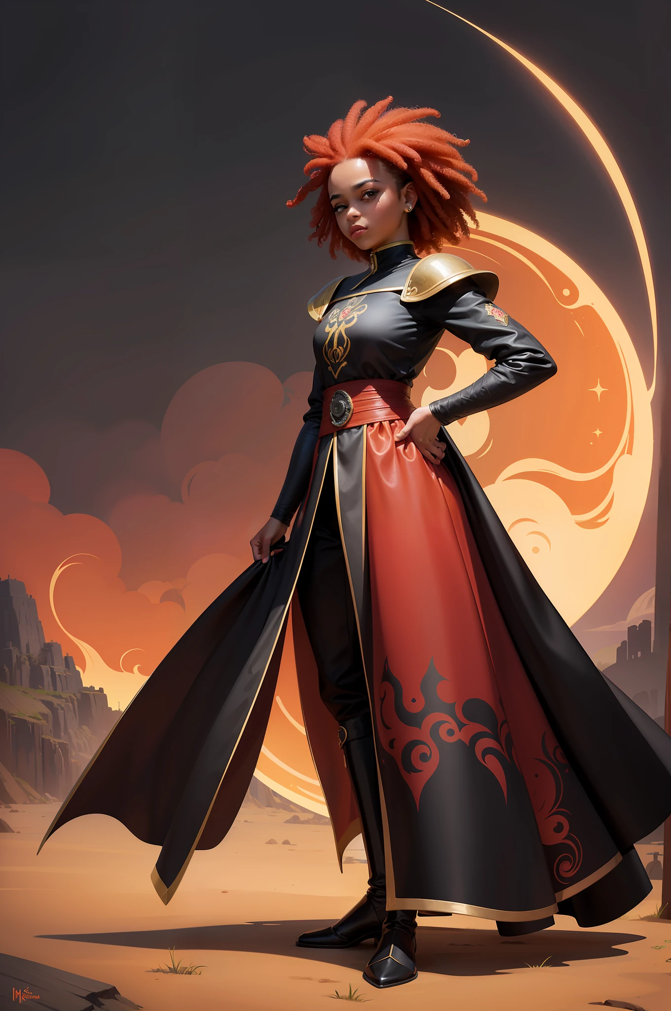 realista, barnet, infantil, menina, afrodescendente, pele negra, pele escura, ginger hair, roupa medieval vermelha, fantasia, armadura medieval prata, Slacks, bota, corpo inteiro, fundo branco