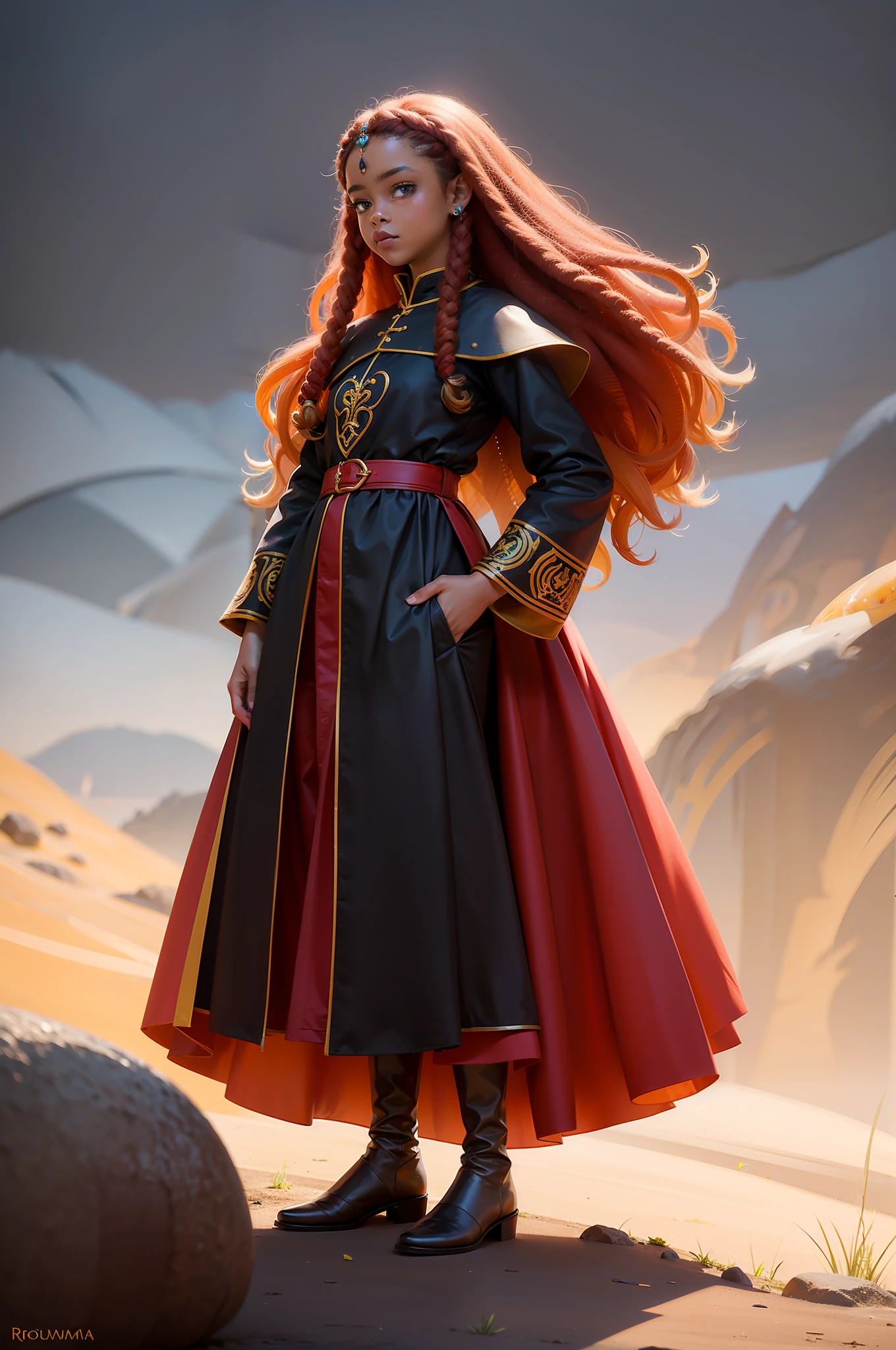 realista, barnet, infantil, menina, afrodescendente, pele negra, pele escura, ginger hair, roupa medieval vermelha, fantasia, armadura medieval prata, Slacks, bota, corpo inteiro, fundo branco