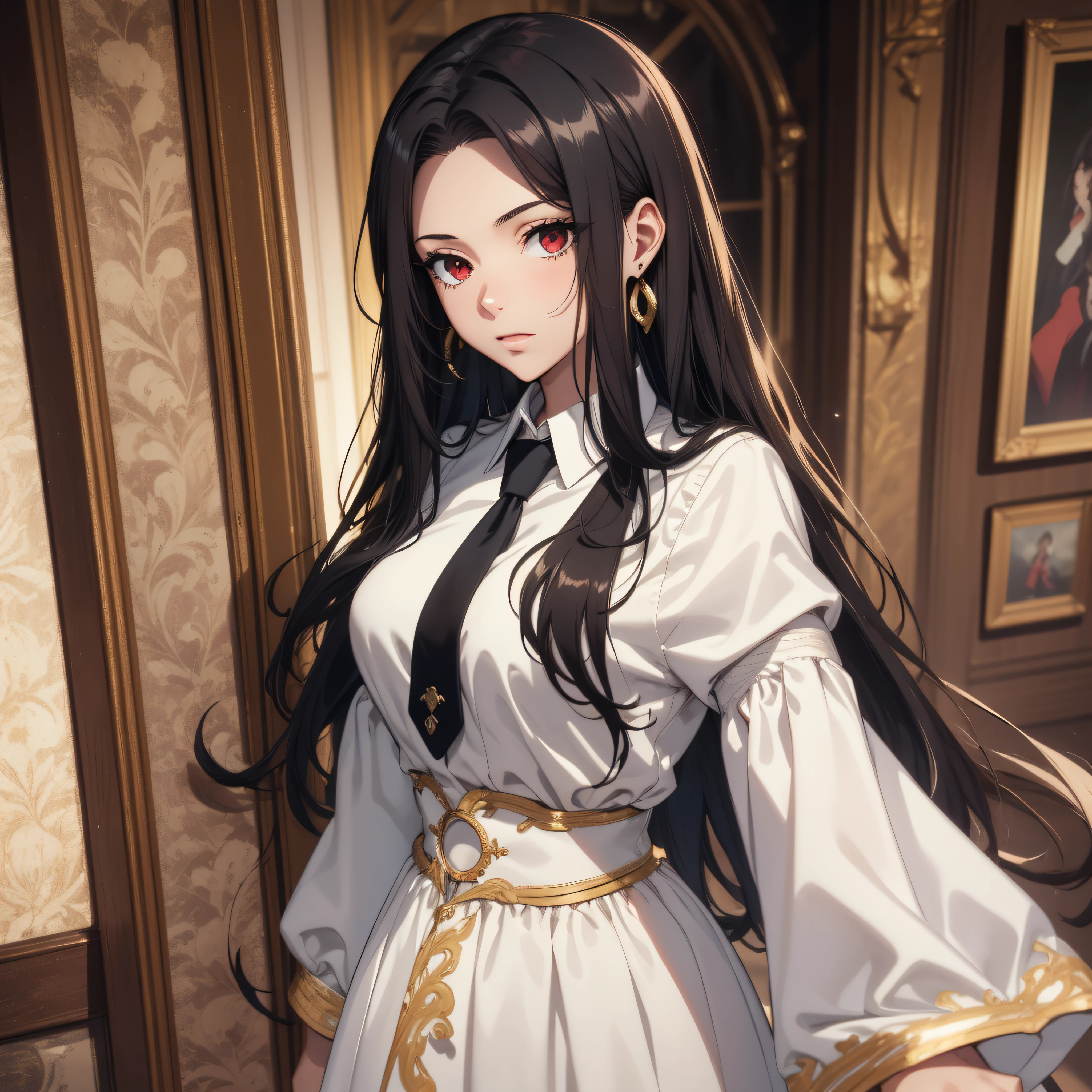 (best quality, masterpiece, ultra-detailed, extremely detailed, highres), (1girl, single, solo), 18 years old Anime girl, long raven hair, slightly wavy hair, parted bangs, Magus, red eyes, diamond earrings, long black coat, necktie, white shirt, black skirt, aristocrat, noble attire, beautiful, ethereal, elegant, prestigious, classic, royal building