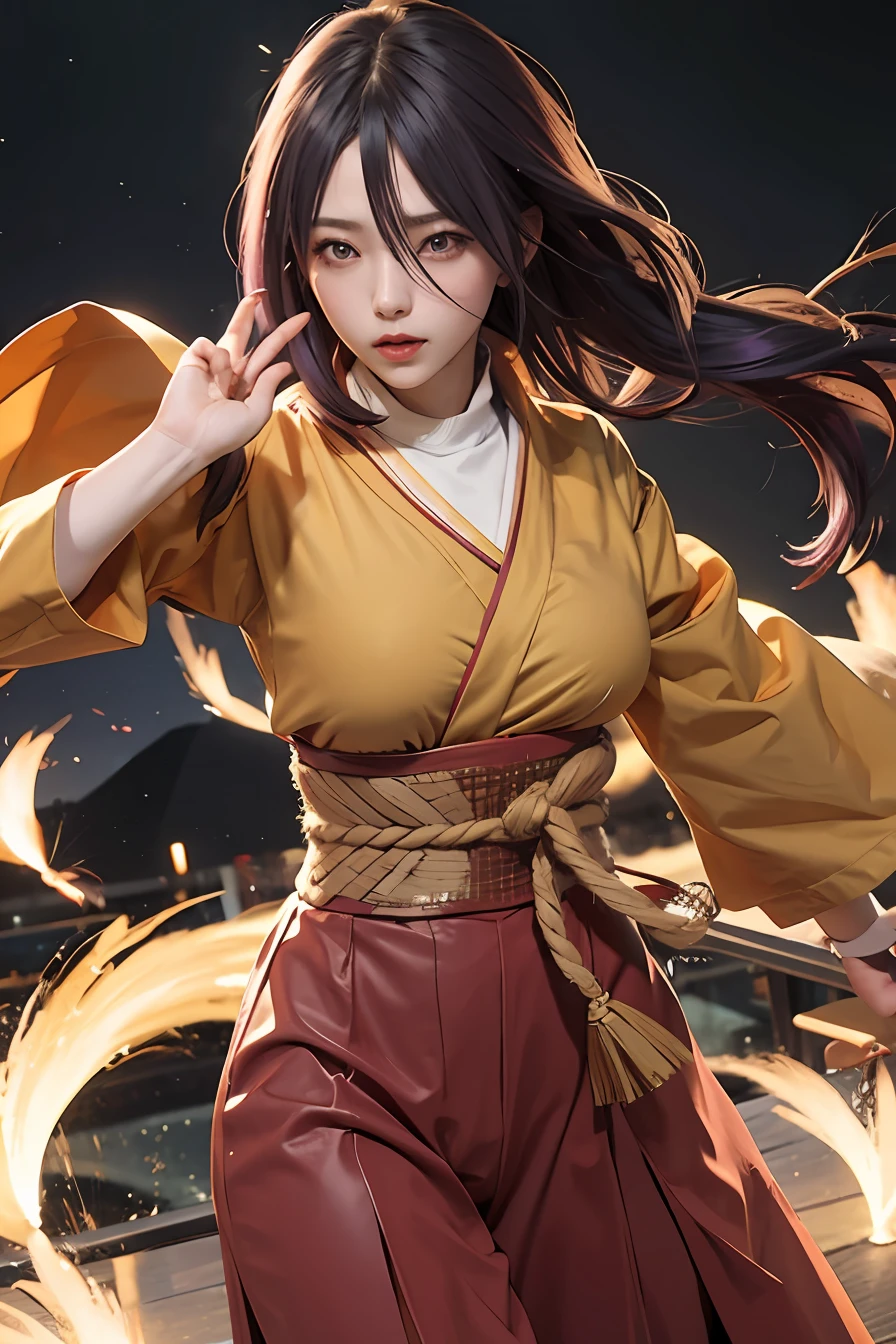1girl, hyuga hanabi, purple hair, white eyes, long hair, yellow clothes, big breasts, realistic, ultra detail, indoor background