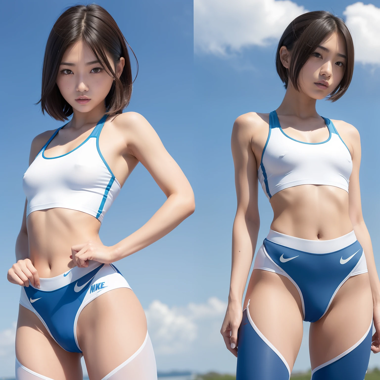 (Solo), (a detailed full-body RAW photo of a girl), (masutepiece:1.0), (Best Quality:1.4), (超A high resolution:1.2), (Photorealistic:1.4), 8K resolution, Canon EOS R5, 50 millimeters, absurderes, ultra-detailliert, (40yo), back focus, Cinematic lighting, Detailed beautiful face, (no-makeup:1.2), (ulzzang -6500-v1.1), petite figure, Detailed skin texture, (flat chest:1.4), (skinny and fit body:1.6), Detailed brown hair, sweltering,(Very short hair:1.5), See Through wear, (Blue and White Nike Wet Thin Competition Athletic Wear sports tights:1.5), More transparent, low rise, realistic glistening skin, Detailed texture, (erect nipples:1.5), dynamic pose, (:0.2), Very small, (Satomi Ishihara:0.6), Cameltoe, well-developed abs, bikini tan,