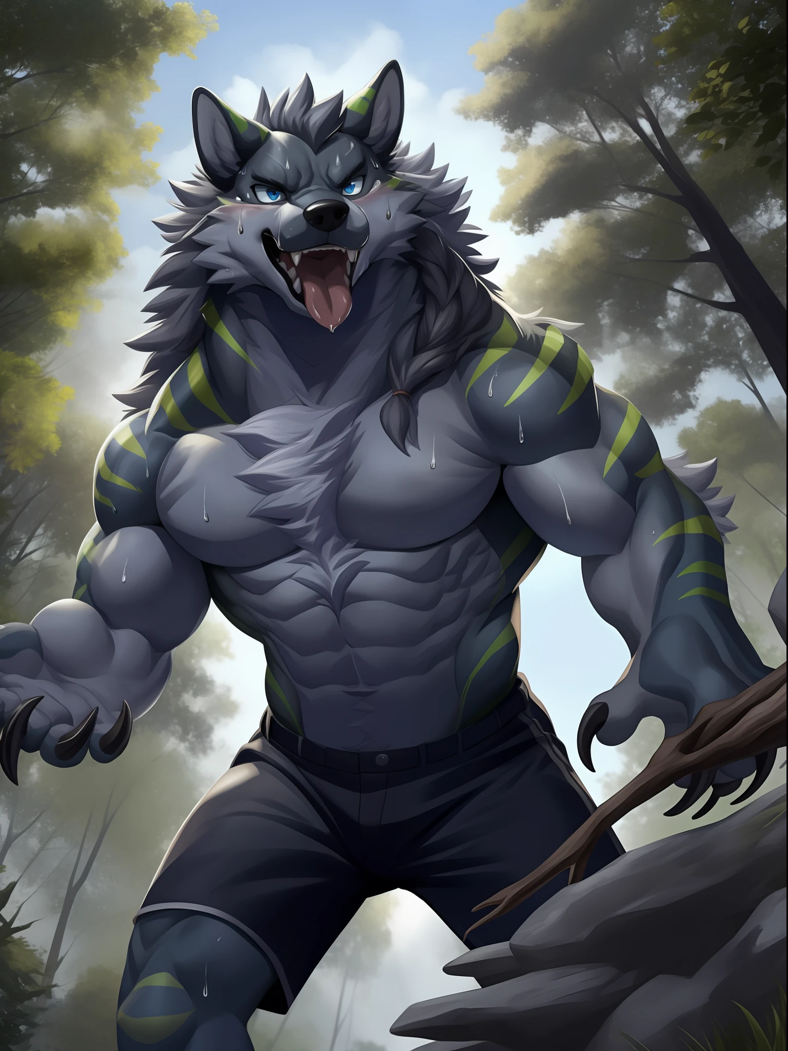 ,eyes with brightness, in a panoramic view, Character focus ，独奏, shaggy, Furry male wolf， Grey fur for men, blue color eyes, Gray hair(The long），Bare body，grey shorts（Green stripes），Stand in the forest，Handsome， has a tail，Bust，drools，Stick out her tongue，bodily fluids，Sweat，sportrait, wide angles, dynamic angle，Sharp claws，robust