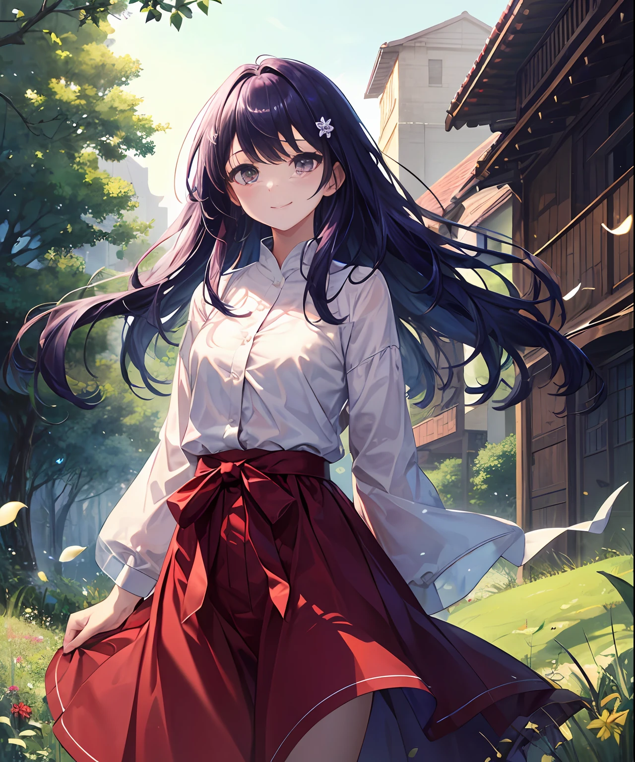 (​masterpiece、top-quality)、frontage、独奏、1girl in、lightly dressed、is standing、Hands folded behind your back、amidst nature、A smile、The long-haired、Purple hair、Hair flutters in the wind、with light glowing、Windy、Adult、