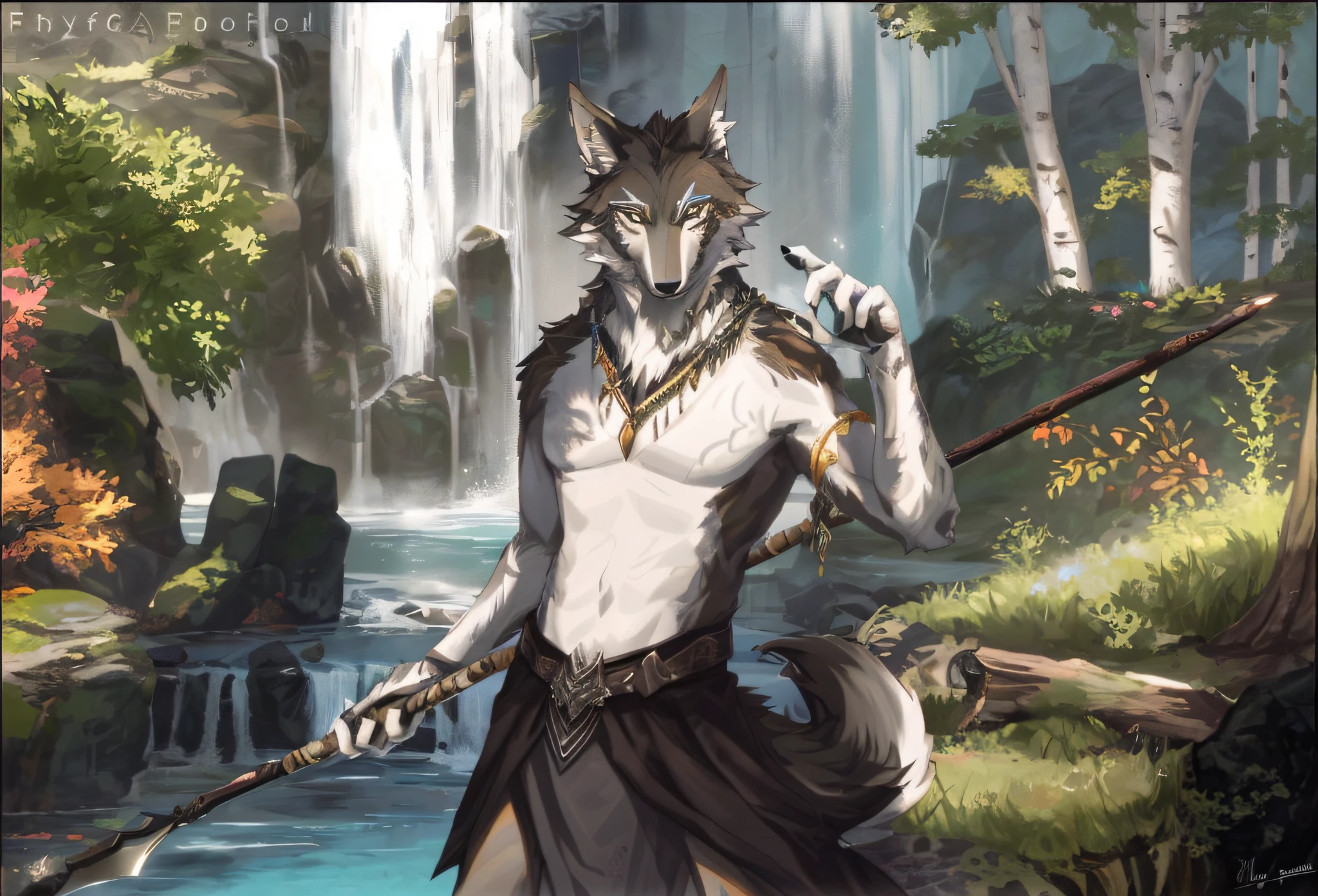 Arafeld wolf with staff in the forest next to the waterfall, anthro art, an anthro wolf, furry fantasy art, anthropomorphic wolf male, , very very beautiful furry art, anthropomorphic wolf, anthropomorphic wolf, Epic fantasy art style, anthro concept art