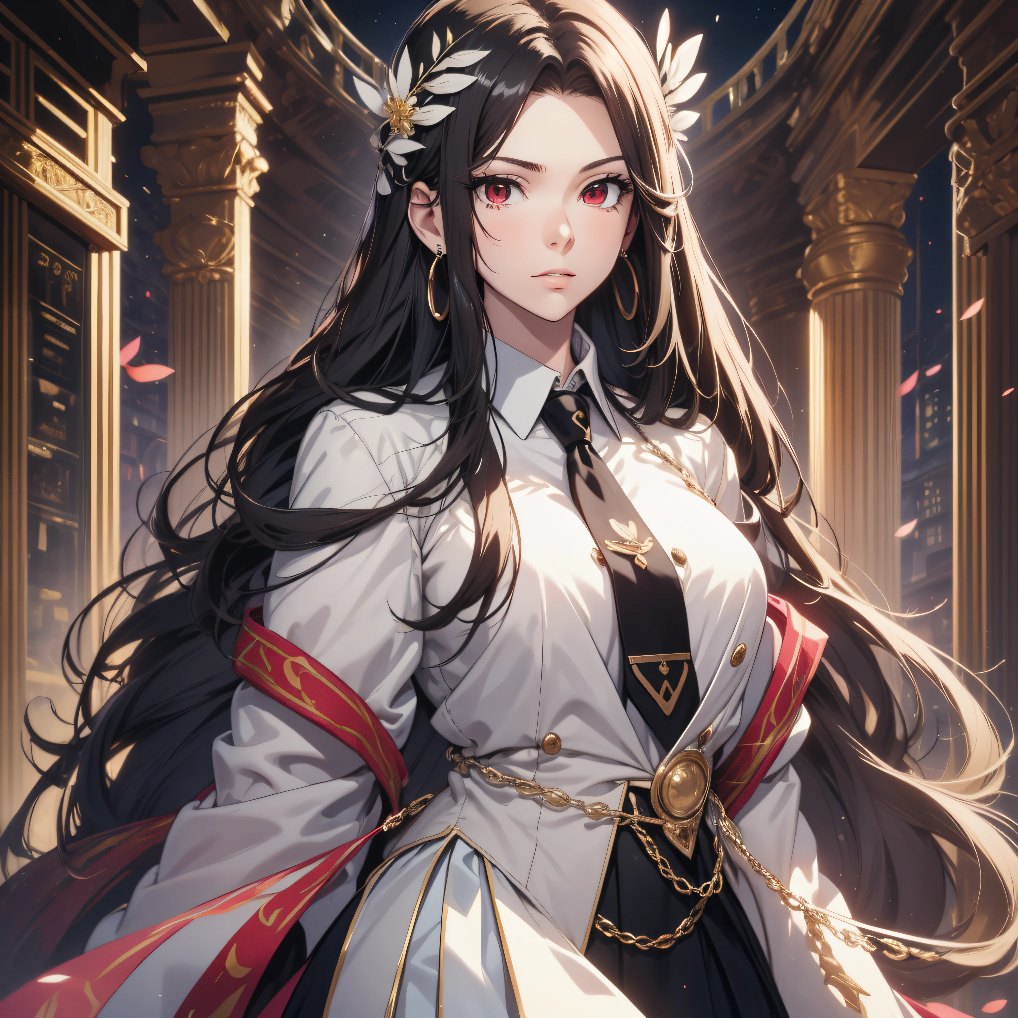(best quality, masterpiece, ultra-detailed, extremely detailed, highres), (1girl, single, solo), 18 years old Anime girl, long raven hair, slightly wavy hair, parted bangs, Magus, red eyes, diamond earrings, long black coat, necktie, white shirt, black skirt, aristocrat, noble attire, beautiful, ethereal, elegant, prestigious, classic, royal building