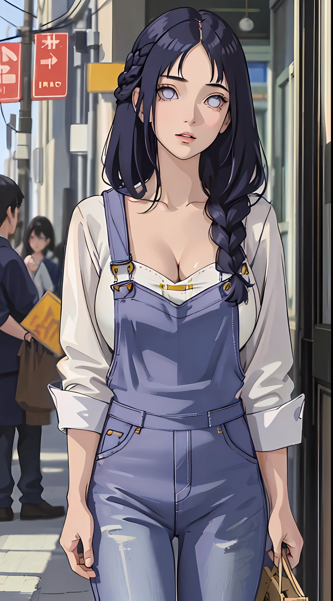 tmasterpiece, best qualityer, ultra - detailed, illustration,1girll,
long whitr hair,dark-blue hair,french braid,Purple eye,bluntbangs,cleavage,Large breasts
shirt,(jeans overalls:1.1),
mideum breasts,
looking at viewert,hyouka/(Boruto/),Detailed lips