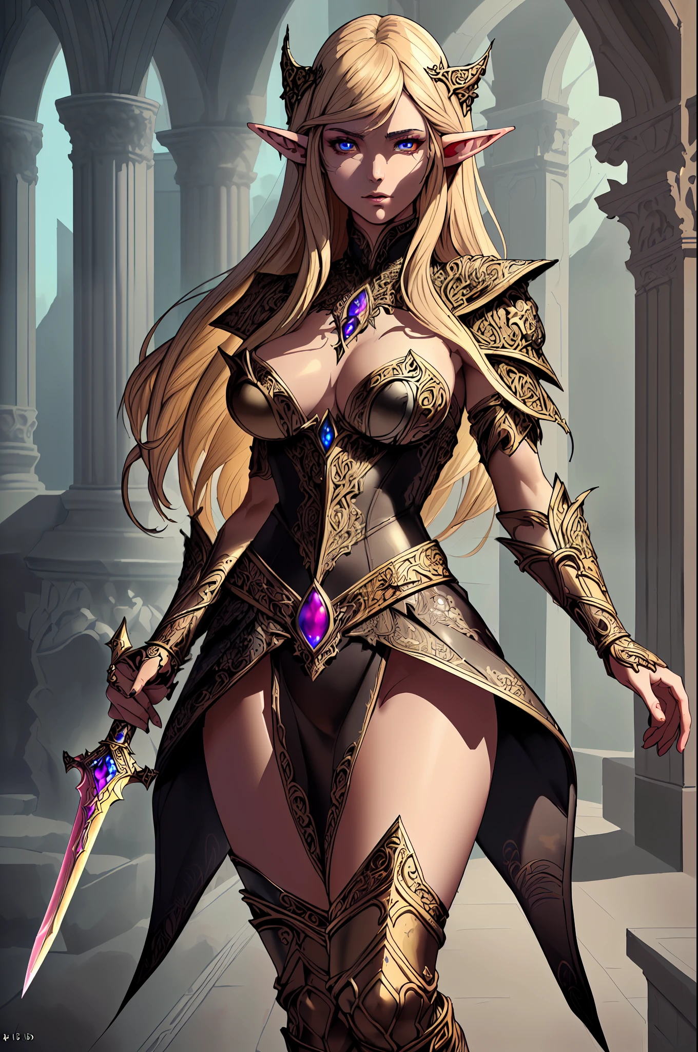 high details, best quality, 8k, [ultra detailed], masterpiece, best quality, (extremely detailed), dynamic angle, ultra wide shot, RAW, photorealistic, fantasy art, dnd art, rpg art, realistic art, a wide angle picture of an epic female elf, arcane warrior, warrior of magic, fighter of the arcana, full body, [[anatomically correct]] [full body] (intricate details, Masterpiece, best quality: 1.5), casting a spell, [colorful magical sigils in the air], [colorful arcane sigils floating]  (intricate details, Masterpiece, best quality: 1.6), holding an [epic magical sword]  (intricate details, Masterpiece, best quality: 1.5) holding epic [magical sword glowing in red light] (intricate details, Masterpiece, best quality: 1.5) . in fantasy urban street ( (intricate details, Masterpiece, best quality: 1.5), a female beautiful  elf,  wearing elven leather armor  (intricate details, Masterpiece, best quality: 1.5) , high heeled leather boots, ultra detailed face (intricate details, Masterpiece, best quality: 1.5) , thick hair, long hair, dynamic hair, fair skin intense eyes, fantasy city background (intense details), sun light, backlight, depth of field (intricate details, Masterpiece, best quality: 1.5) , dynamic angle,  (intricate details, Masterpiece, best quality: 1.5), 3D rendering, high details, best quality, highres, ultra wide angle