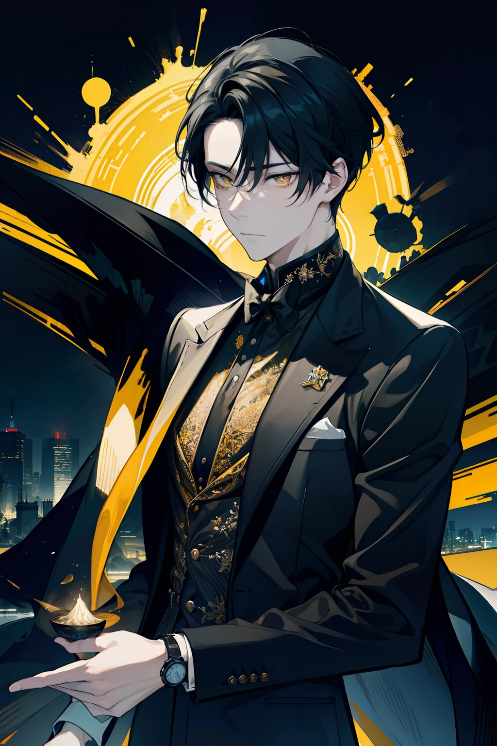 Adult, 1man, tall, city night, yellow eyes, black hair, best quality, day, masterpiece, colorful, black suit, upper body, wristwatch, looking at viewer, cold, cunning, face focus, magic effect, forehead, villian vibe, dark, mysterious vibe, dutch angle, 4k hd
