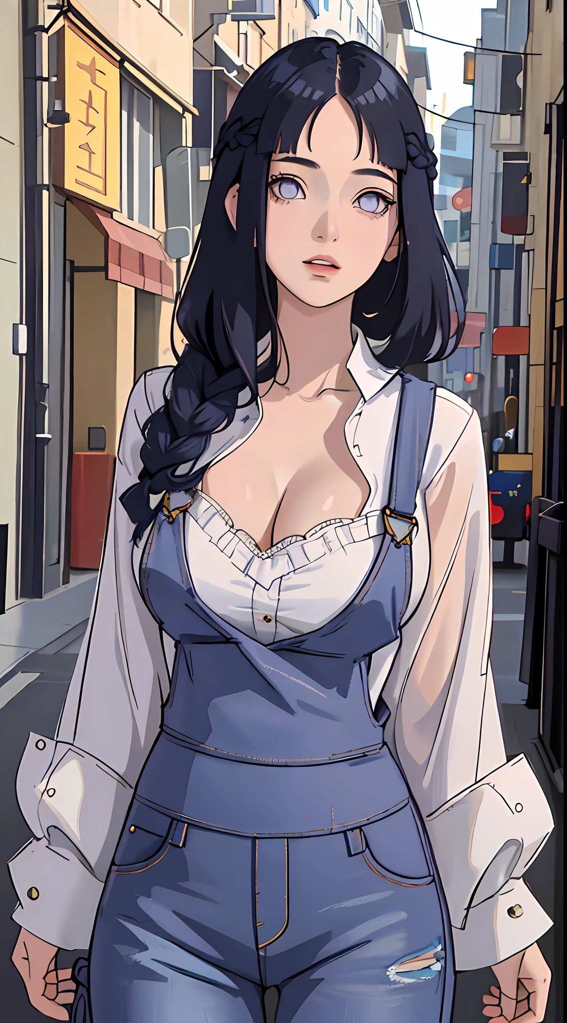 tmasterpiece, best qualityer, ultra - detailed, illustration,1girll,
long whitr hair,dark-blue hair,french braid,Purple eye,bluntbangs,cleavage,Large breasts
shirt,(jeans overalls:1.1),
mideum breasts,
looking at viewert,hyouka/(Boruto/),Detailed lips