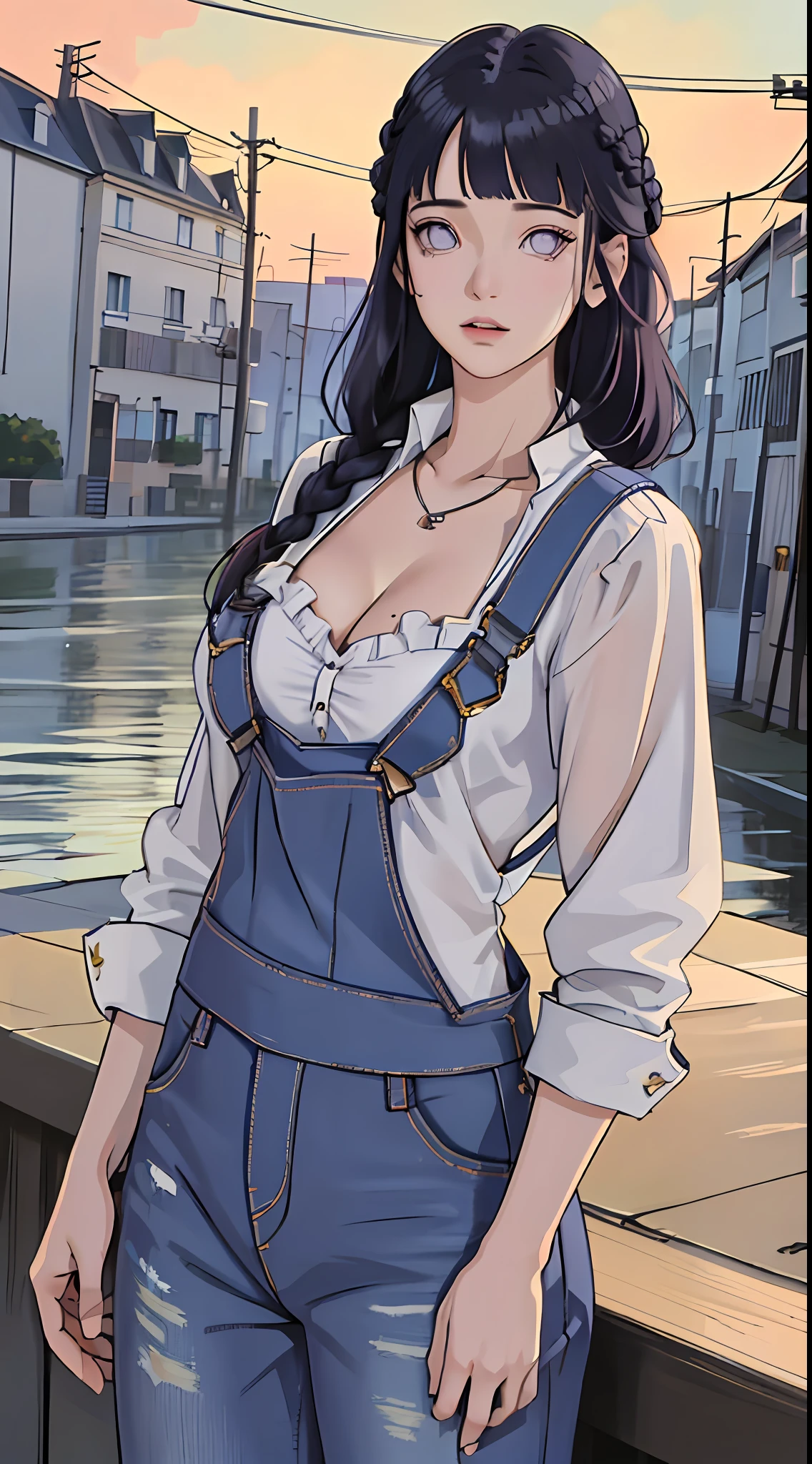 tmasterpiece, best qualityer, ultra - detailed, illustration,1girll,
long whitr hair,dark-blue hair,french braid,Purple eye,bluntbangs,cleavage,Large breasts
shirt,(jeans overalls:1.1),
mideum breasts,
looking at viewert,hyouka/(Boruto/),Detailed lips
