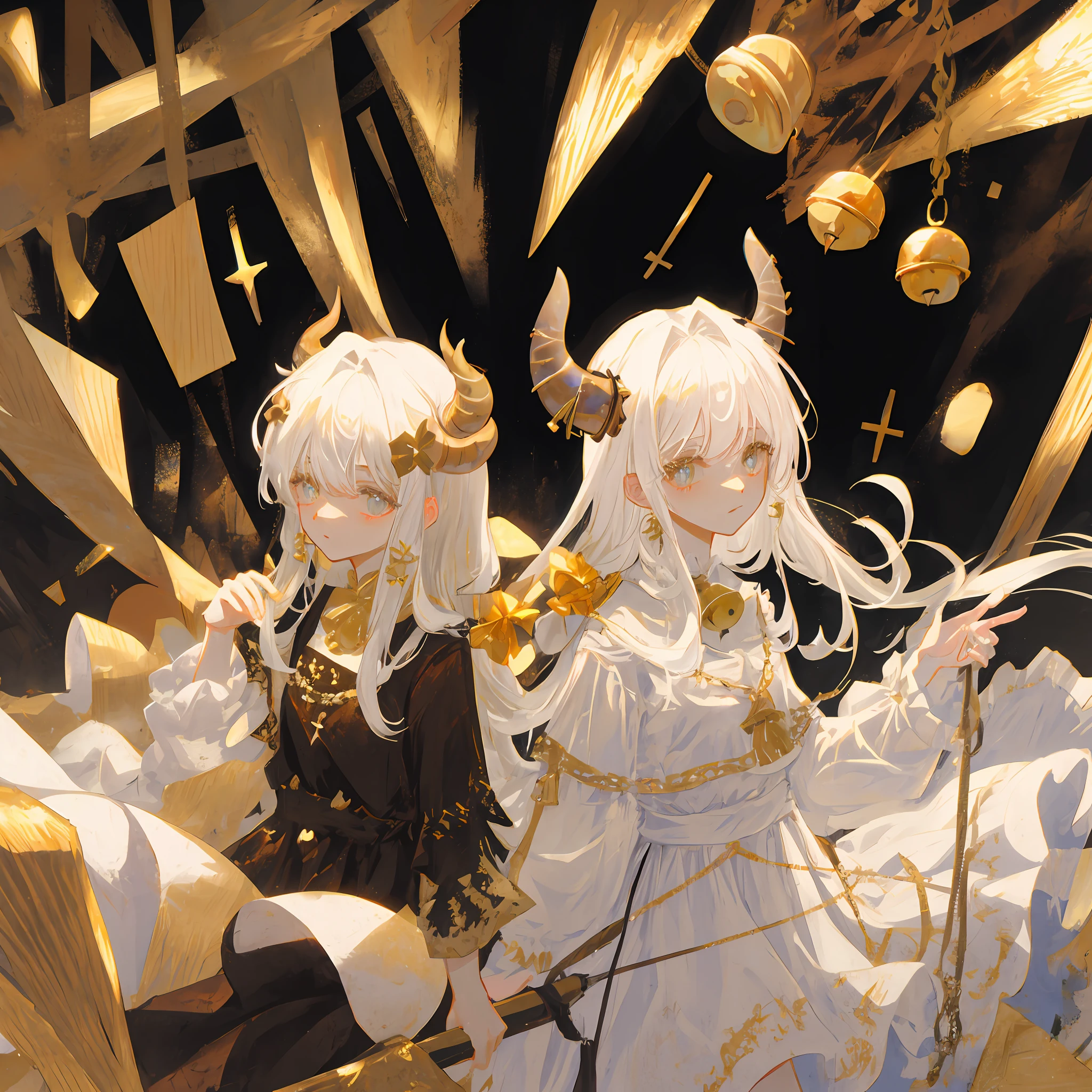 White-haired dragon horn ,Wearing a white dress with gold bells,Gold jewelry,quadratic element,Blackened