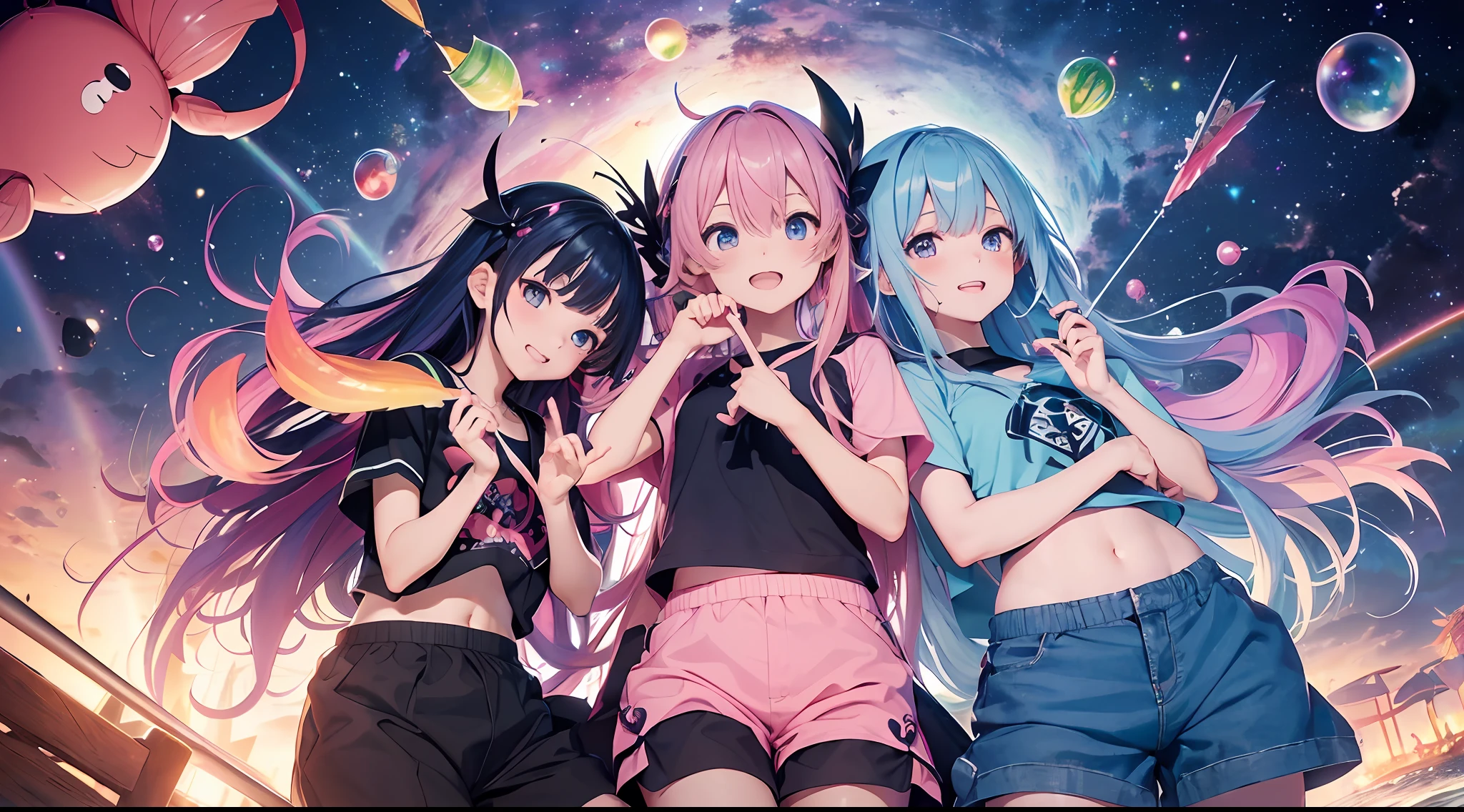 Dark Magician Girl、MKSKS style、(3 people)、(highly detailed back ground:1.0)、(highly detailed back ground:1.0)、masterpiece、top-quality、超A high resolution、in 8K、full body Esbian、(1/2 pink and 1/2 Light blue hair、rainbow-colored hair)、(A detailed eye、Blue eyes)、(Laughing:1.2)、(Short sleeve shirt with rainbow print、1/2 pink and 1/2 Light blue short-sleeved shirt:1.2、(Short pants:1.5)、Detailed skin、(BBQ:1.3)、the beach、hermit crab、夏天、Daytime、Small soap bubbles、Large soap bubbles、wakame、wakame、wakame、wakame、wakame、wakame、wakame、wakame、wakame、wakame、wakame、wakame、wakame、wakame、wakame、wakame、wakame、wakame、wakame、wakame、wakame、wakame、wakame、wakame、wakame --auto