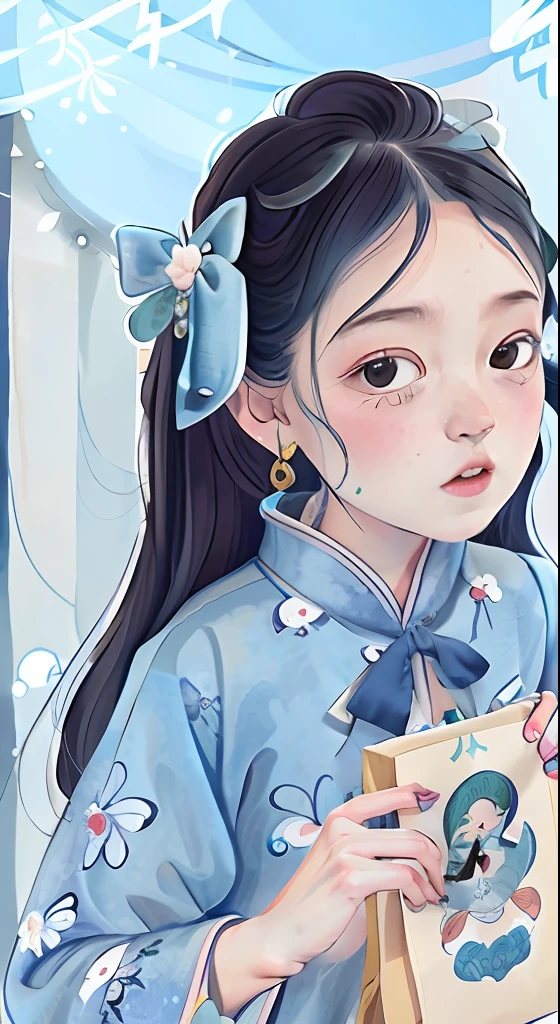 Cartoon of a girl in a blue and white dress, Palace , A girl in Hanfu, high quality character design, Cute detailed digital art, Highly detailed character design, Beautiful character painting, author:Qu Leilei, Chinese girl, character design contest winner, China Princess, A beautiful artwork illustration, Detailed character design, Princesa chinesa antiga, adorable digital art