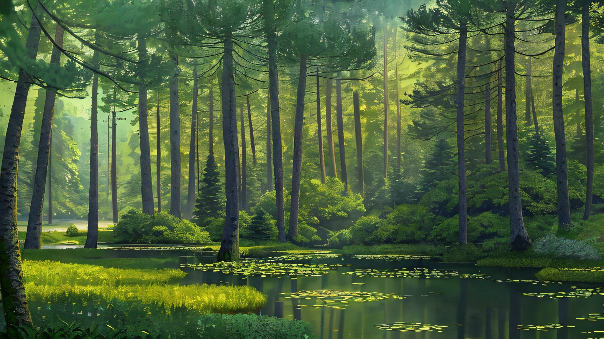 Evening, late night, forest, a path through it, small lake, small stones, forest painting elegant, large and small rocks, forest in background, forest setting, random forest landscape, concept art, concept art, Canadian mountain view, Monet
