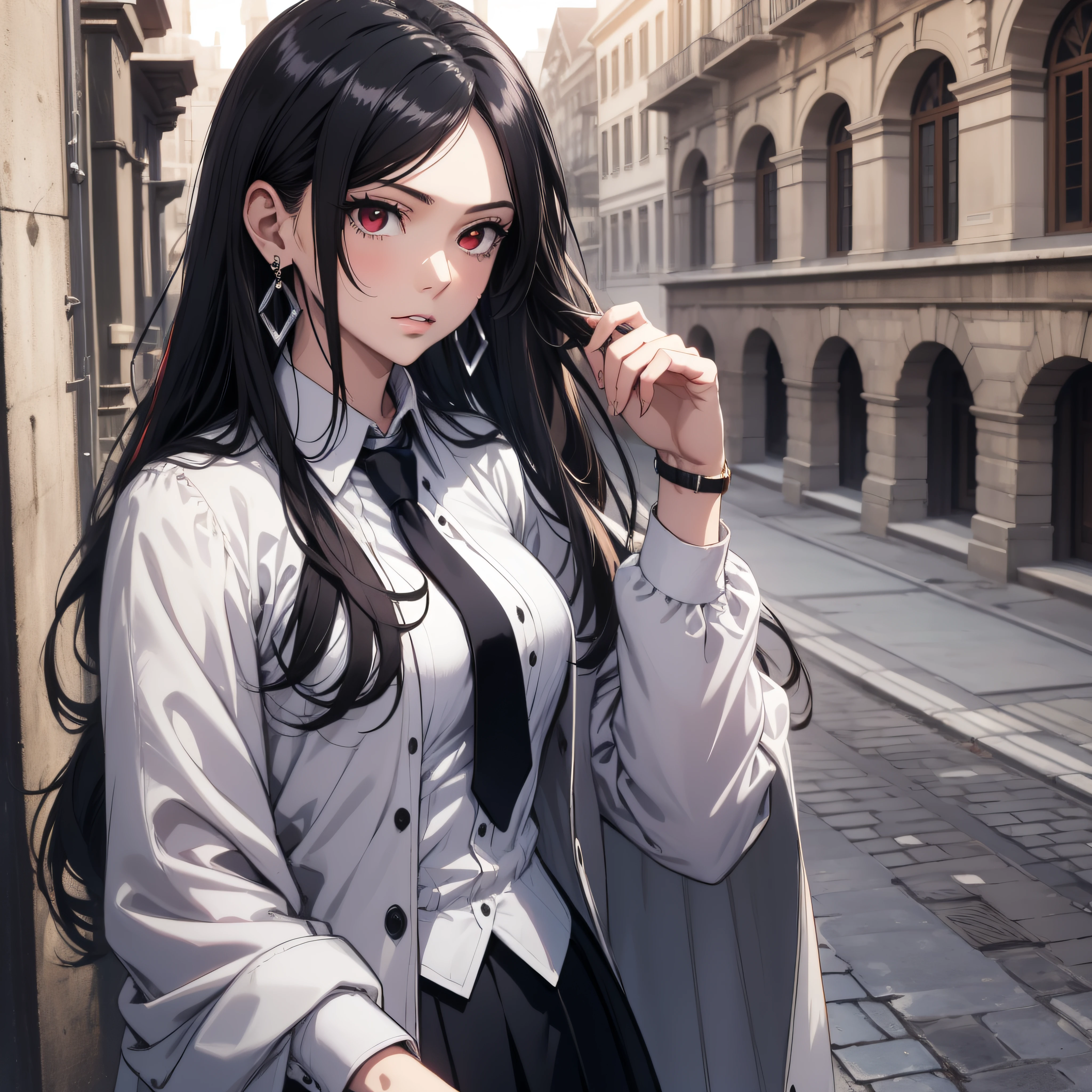 (best quality, masterpiece, ultra-detailed, extremely detailed, highres), (1girl, single, solo), 18 years old Anime girl, black hair, long raven hair, slightly wavy hair, parted bangs, Magus, red eyes, diamond earrings, long black coat, necktie, white shirt, black skirt, aristocrat, noble attire, beautiful, ethereal, elegant, prestigious, classic, royal building, natural lips, magic school
