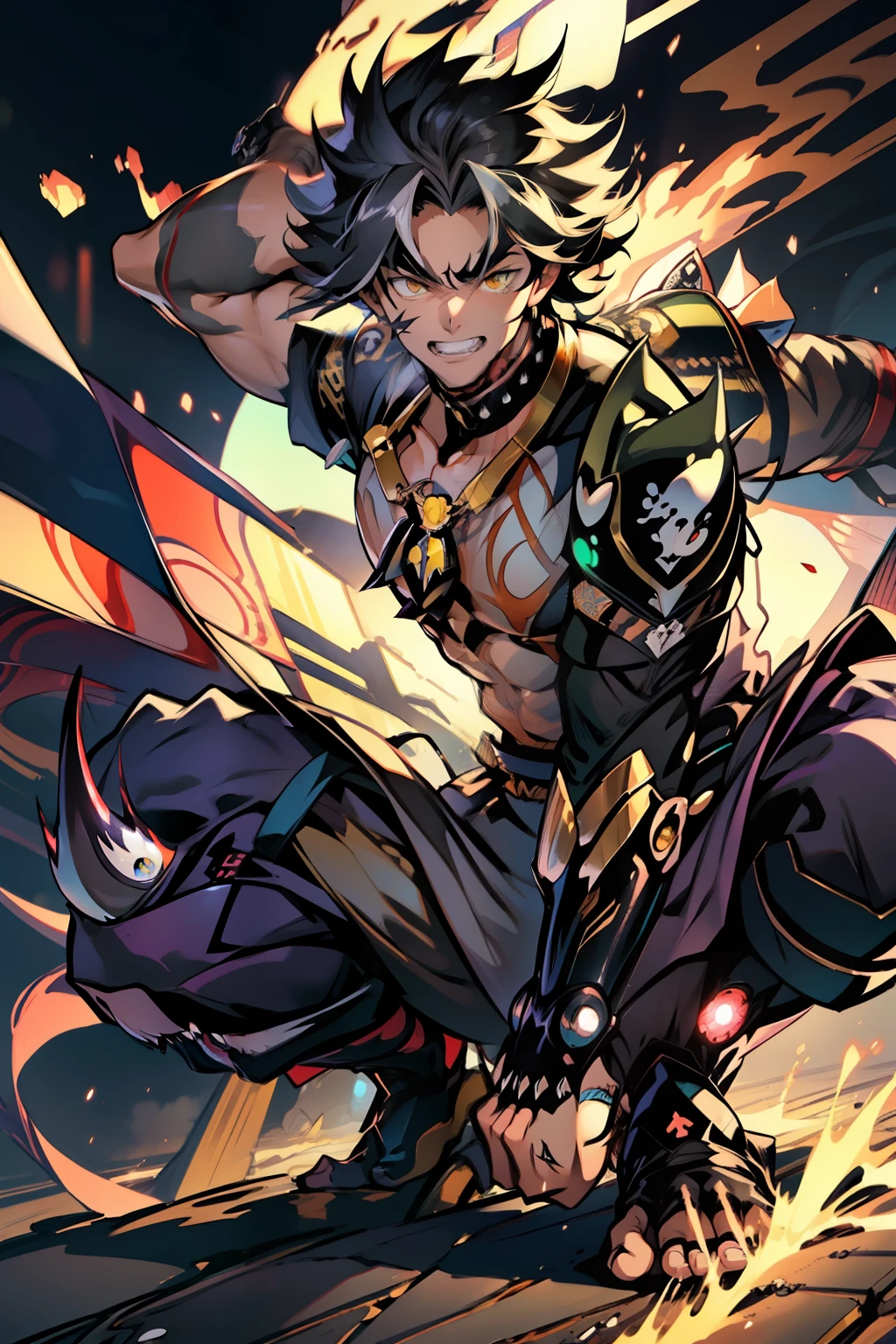 《the original god》Arataki Kazuto , male people,,((Masterpiece)), ((Best quality)), Ultra detailed,((illustration)), Dynamic Angle, Detailed light, (Delicate eyes), Floating, 1boy, Male focus, Head, Clothing, Yellow eyes, necklace, tattoo, (Forehead:0.8), (ahoge:0.8), jewelry, apathy,Ray, chest muscle, Sexy , Venom symbiote for your body, Black mucus of the body , (into venom), Venom,frontage,style of anime4 K, 4K anime wallpaper, Badass anime 8 K, 4 k comic wallpaper, young anime man, Anime boys, Anime wallpapers 4 k, Anime wallpaper 4K, High quality anime art style, Anime moe art style, Anime art wallpaper 8 K, Anime art wallpaper 4 K, RGB lighting