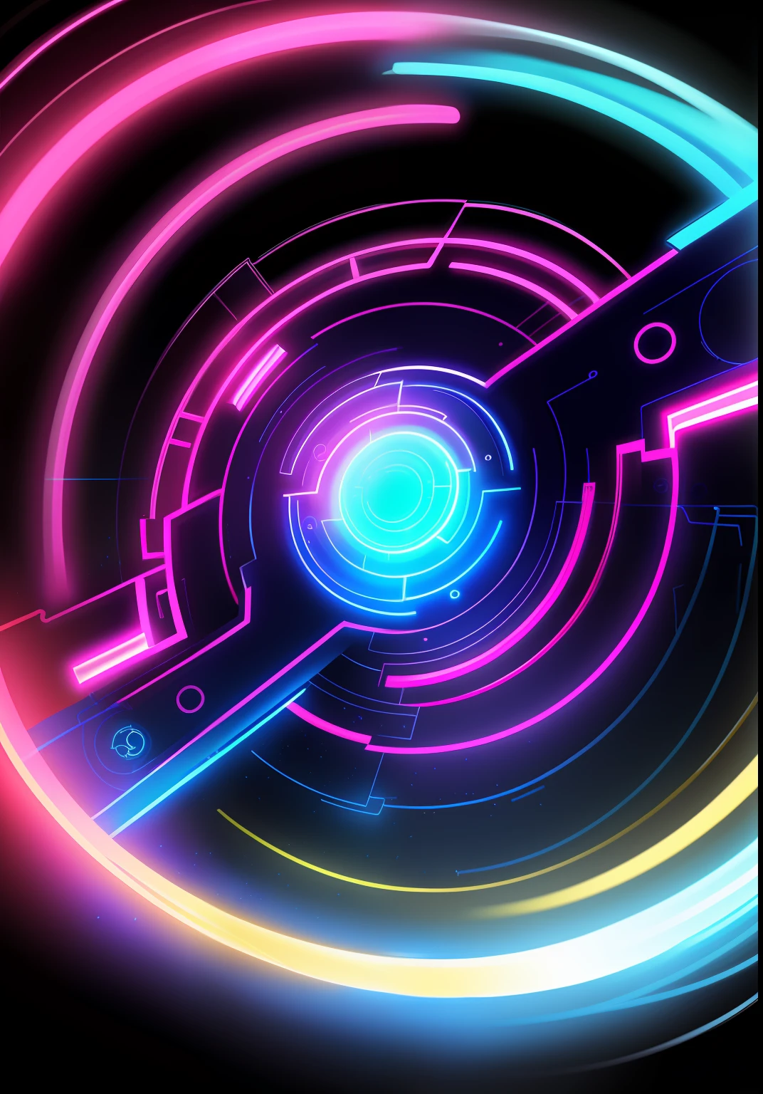 Draw a picture full of technology,The background is a dark blue circle,It is surrounded by a neon-pink and blue ring,Depicts a mechanical portal。
