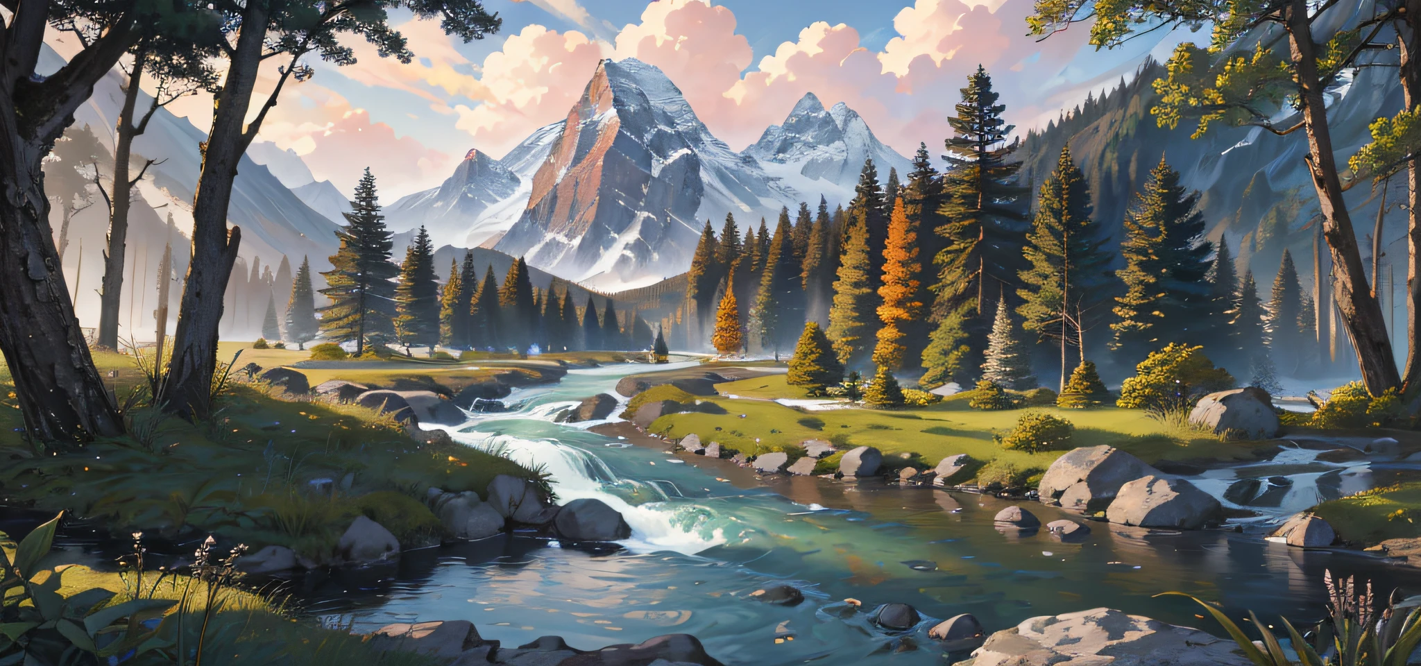 highres, absurdres, masterpiece, high quality, highly detailed, scenery of a mountain range, forest, nature, river