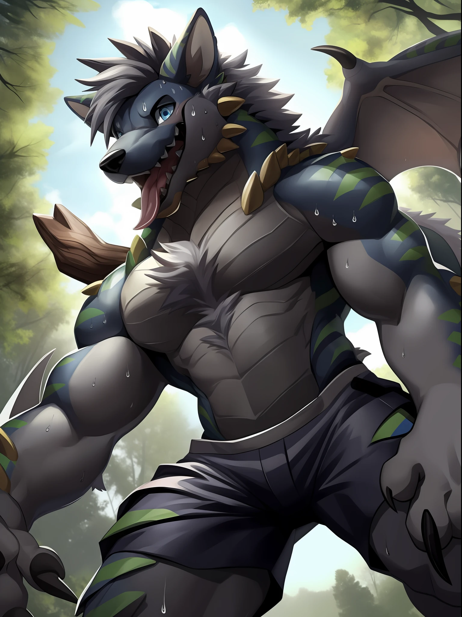 ,eyes with brightness, in a panoramic view, Character focus ,独奏, shaggy, Furry male wolf,There is a pair of dragon wings, Grey fur for men, blue color eyes, Gray hair(The long),Bare body,grey shorts(Green stripes),Stand in the forest,Handsome, has a tail,Bust,drools,Mouth closed,Stick out her tongue,ssmile,Sweat,ssmile,sportrait, wide angles, dynamic angle,Sharp claws