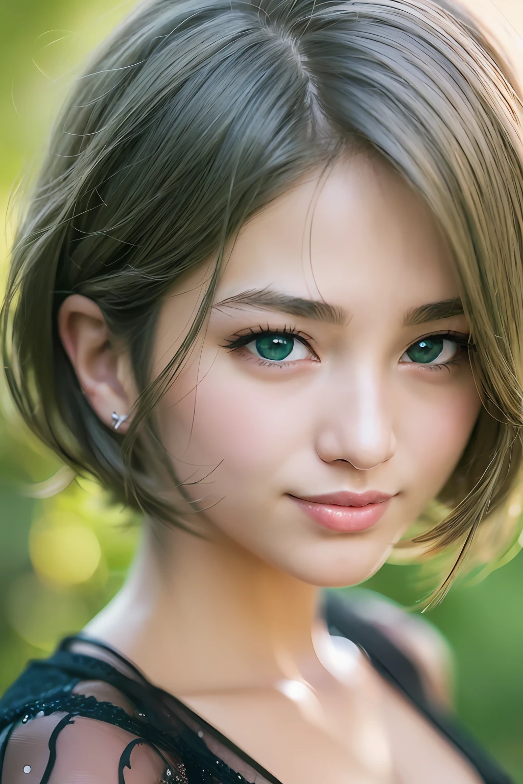 animesque、anime styled、Speciality、Moisturized eyes、Beautiful detailed eyes, (Short hair:1.2), (8K, Best Quality, masutepiece:1.2), (Realistic, Photorealsitic:1.37), Ultra-detailed, a closeup、portraitures、1 girl, Cute, Green head hair、Solo, (nose blush),(Smile:1.15),