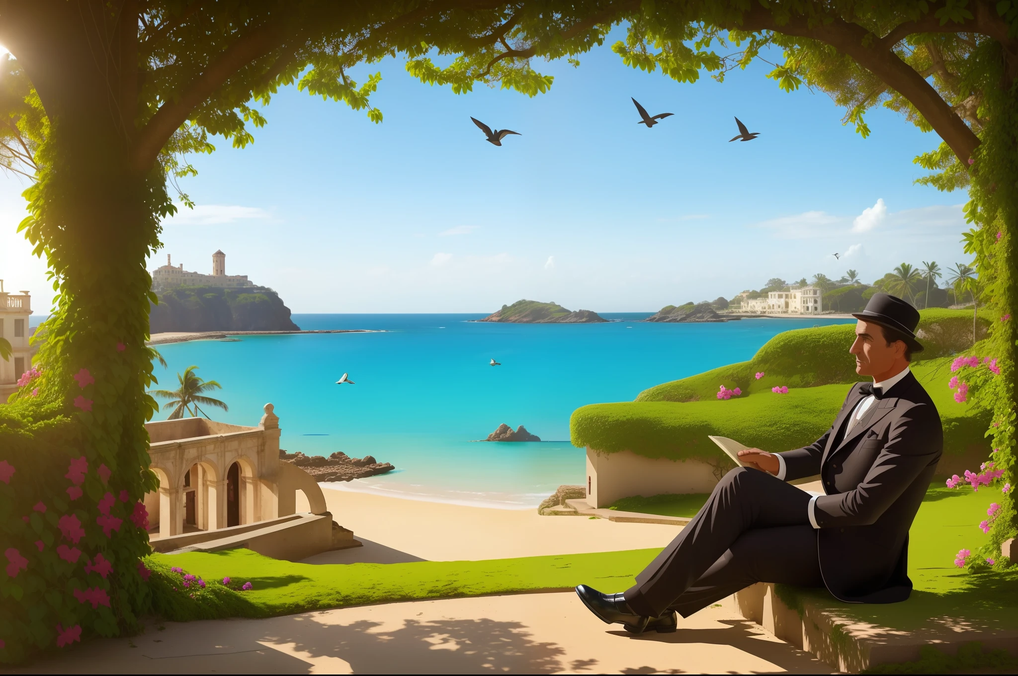 An island with dark rock borders and sandy beaches, inside the island ruins of Art Nouveau buildings, Bougainvillea with flowers growing over some ruins, moss. Illuminated by natural sunshine. Some birds flying. A gentleman with elegant Victorian clothes sitting on the ruins looking at the ocean with melancholic expression.