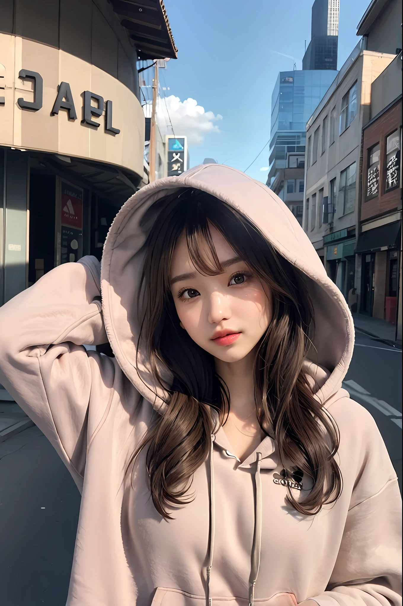 (frombelow:1.4)、((1girl in)),Light Brown Fringe Hair、Braided hair、disheveled hair、Light brown eyes、(dignified expression)、(爆乳:1.7)、Emphasize the valley、(Photorealsitic)、(intricate detailes:1.2)、(masterpiece、:1.3)、(top-quality:1.4)、(超A high resolution:1.2)、超A high resolution、(A detailed eye)、(detailed facial features)、(Wear a fashionable hoodie:1.4),Adidas,