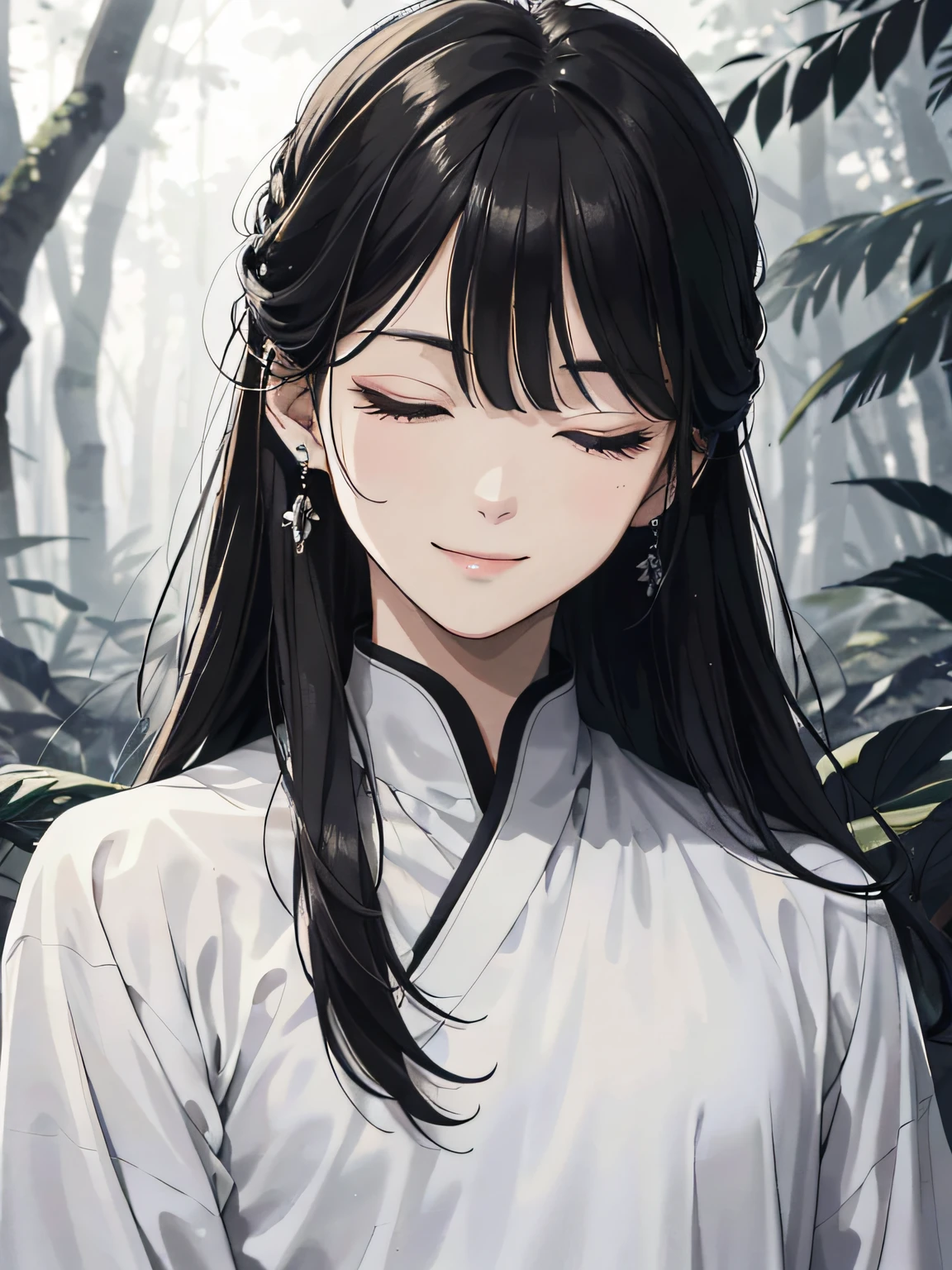 Absurd, High Definition, super detailed, texture details, clear presentation, HD details, detail performance, Fine details, Clear face, ((closed her eyes))、accurate restoration, ((cabelos preto e longos))、length hair、Closed eyelids、18 year old man, Handsome, Tall smile、Smirk、slightly muscular, (1 person: 1.3), handdraw, Simple lines, (20 year old man in white han dress), foggy forest、The upper part of the body