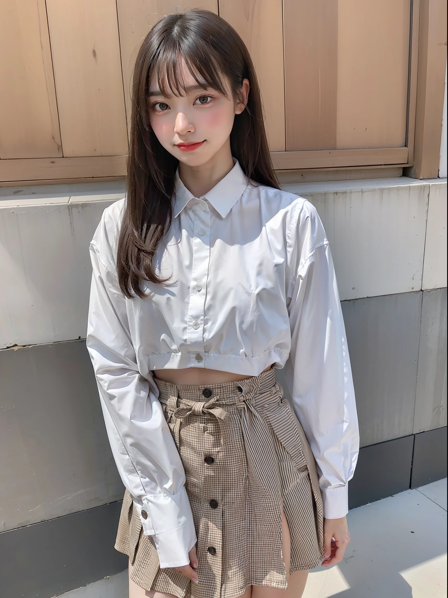 top-quality、in 8K、masterpies:1.3))、1girl in、Beautiful woman with slim abs accent:1.3、Super Detail Face、Delicat eyes、二重まぶた、full body Esbian、poneyTail、semi long hair、20yr old、Brown hair、A smile、summer clothing、skirt by the、the woods