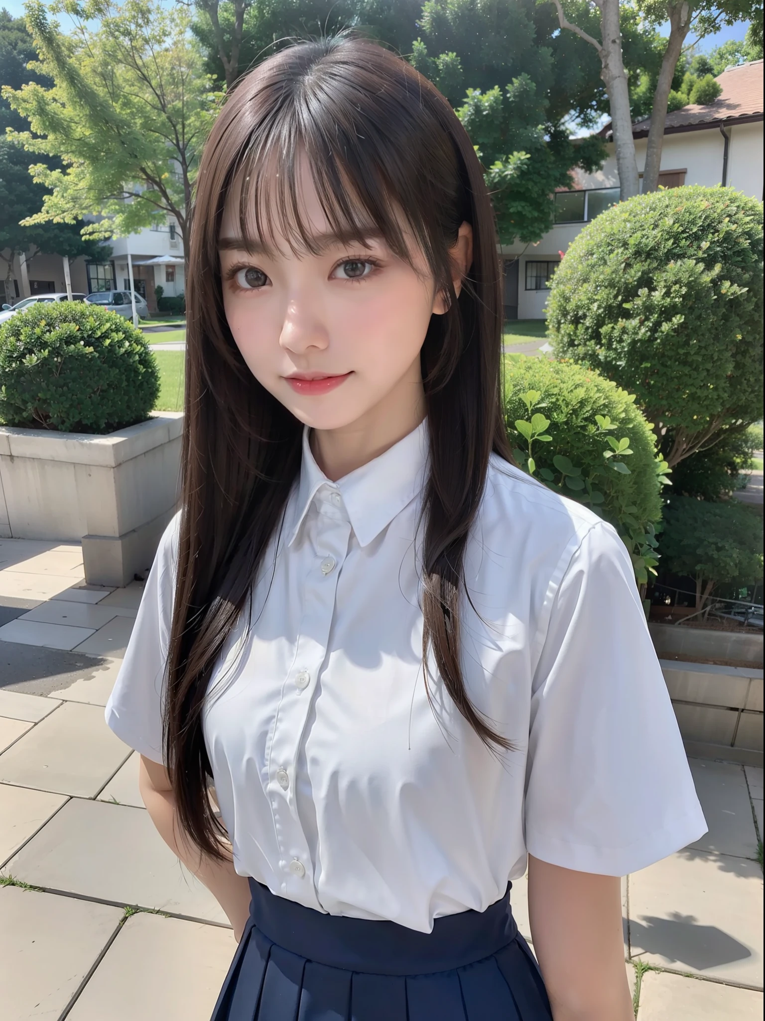 top-quality、in 8K、masterpies:1.3))、1girl in、Beautiful woman with slim abs accent:1.3、Super Detail Face、Delicat eyes、二重まぶた、full body Esbian、poneyTail、semi long hair、20yr old、Brown hair、A smile、summer clothing、skirt by the、the woods