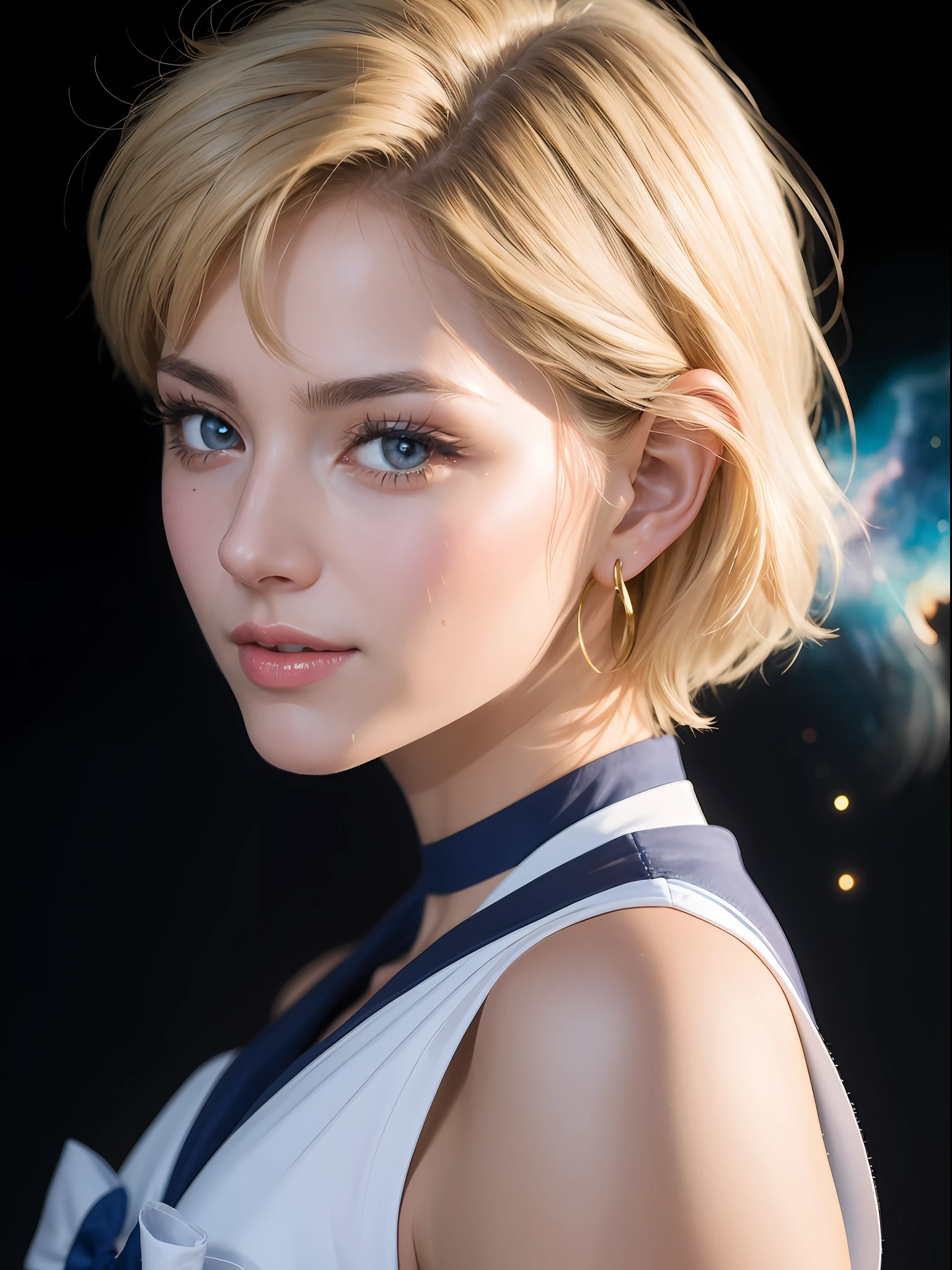 (masterpiece, best quality:1.4), (nebula background), (full body), (from back:1.5), (erotic pose:1), (1girl), solo, (european youth:1), sailor uranus, mature woman, large breasts, (soft blue eyes), blonde hair, (very short hair:1), (sailor senshi uniform), (sexy ass:1), sexy smile, sailor collar, chest bow, back bow, plead skirt, white elbow gloves, beautiful face, highly detailed face, highly detailed eyes, highly detailed skin, skin pores, subsurface scattering, realistic pupils, full face blush, full lips, detailed background, depth of field, volumetric lighting, sharp focus, absurdres, realistic proportions, good anatomy, (realistic, hyperrealistic:1.4), 16k hdr,