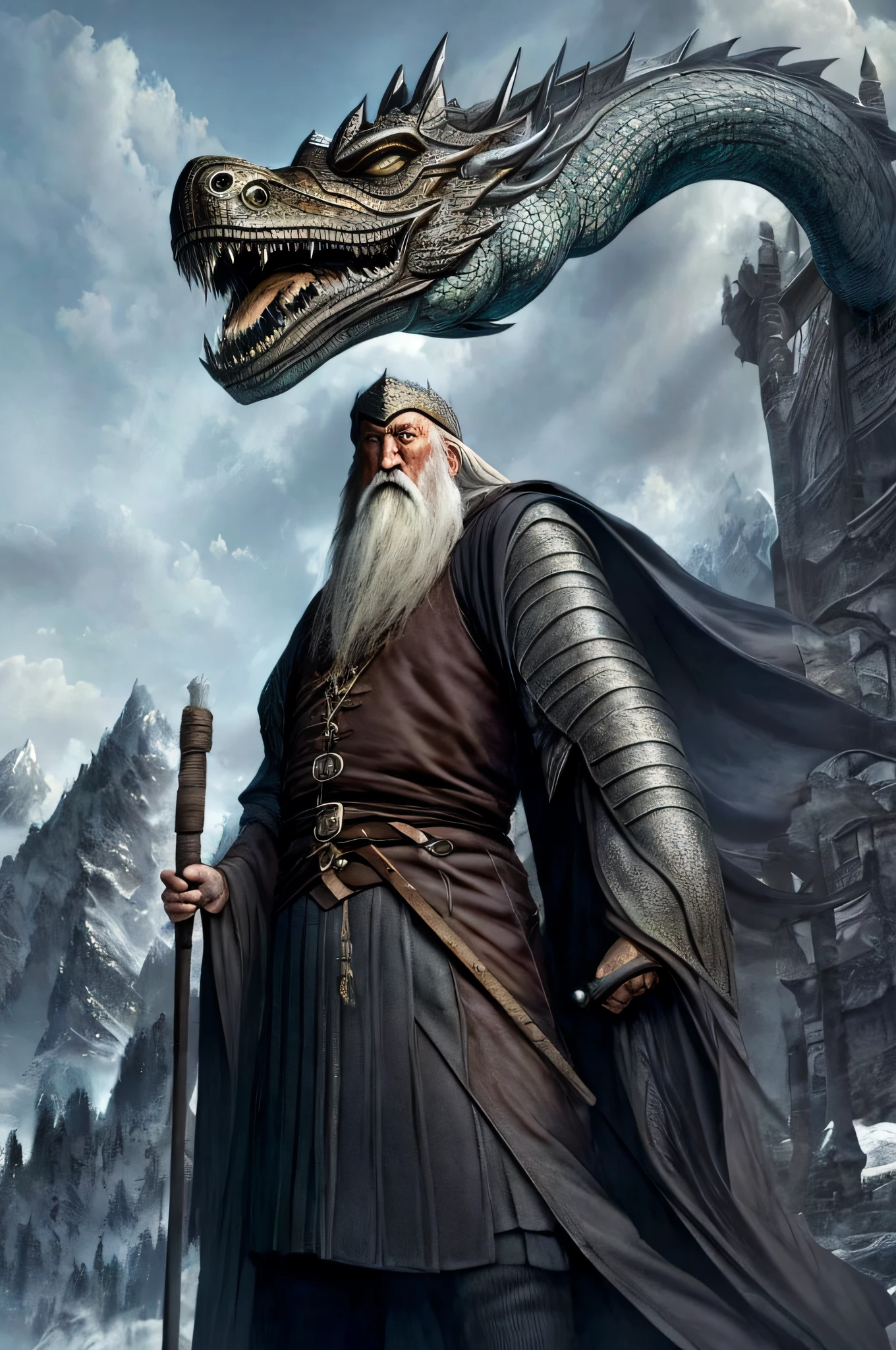Man,dumbledore,A old man,Big chest,wearing an outfit,He wears Chinese dragon armor,Wears a crocodile head hat --auto