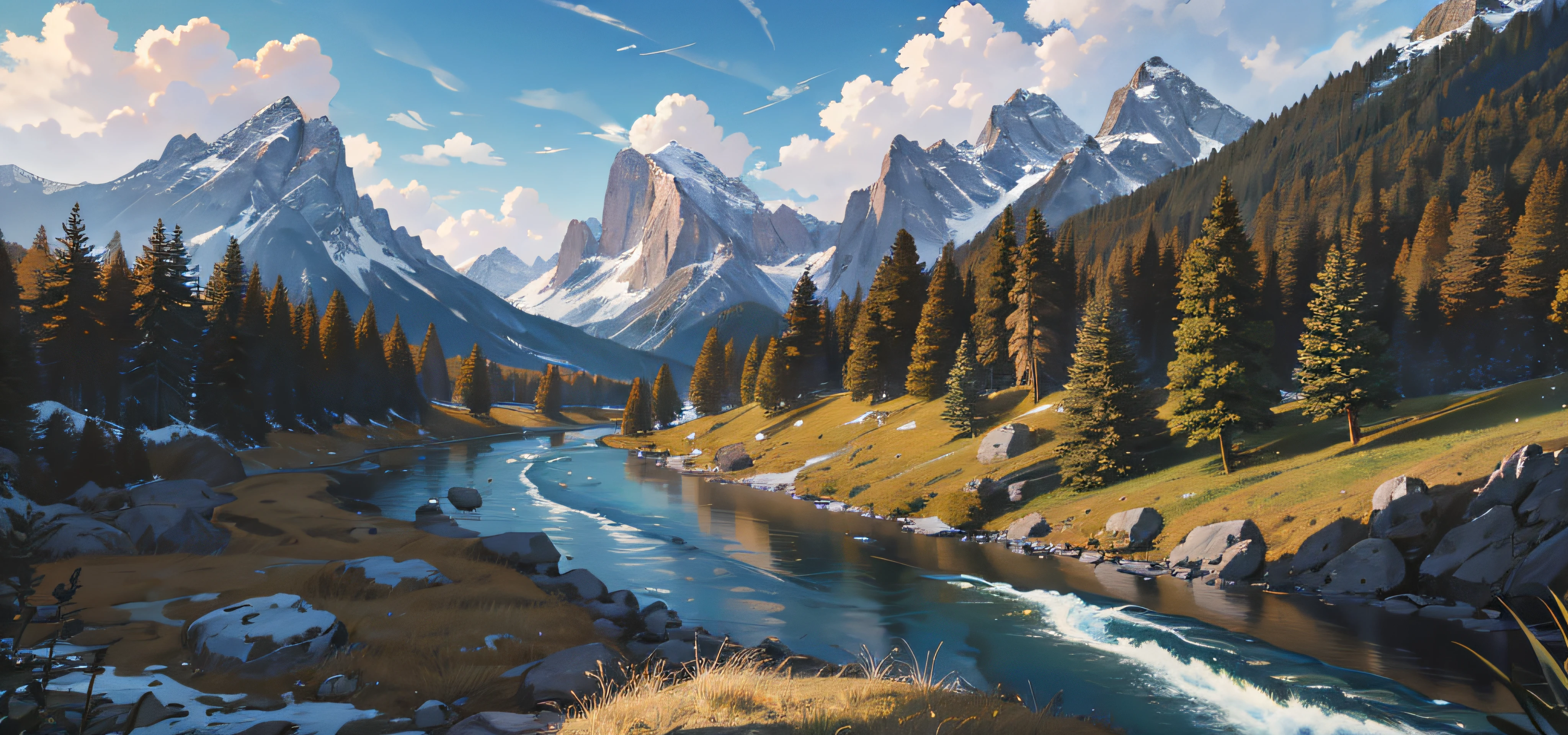 highres, absurdres, masterpiece, high quality, highly detailed, scenery of a mountain range, forest, nature, river