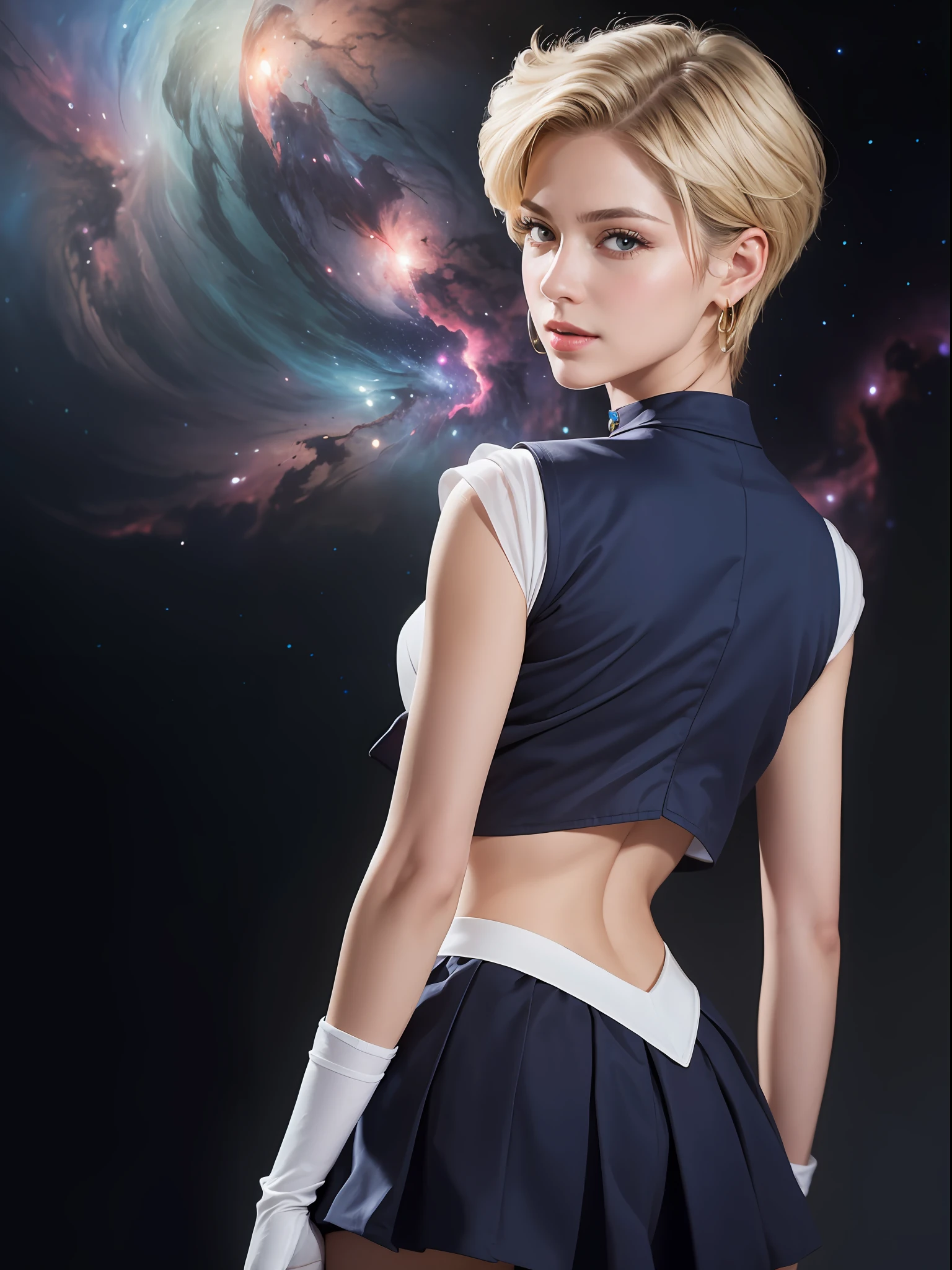 (masterpiece, best quality:1.4), (nebula background), (full body), (from back:1.5), (erotic pose:1), (1girl), solo, (european youth:1), sailor uranus, mature woman, large breasts, (soft blue eyes), blonde hair, (very short hair:1), (sailor senshi uniform), (sexy ass:1), sexy smile, sailor collar, chest bow, back bow, plead skirt, white elbow gloves, beautiful face, highly detailed face, highly detailed eyes, highly detailed skin, skin pores, subsurface scattering, realistic pupils, full face blush, full lips, detailed background, depth of field, volumetric lighting, sharp focus, absurdres, realistic proportions, good anatomy, (realistic, hyperrealistic:1.4), 16k hdr,