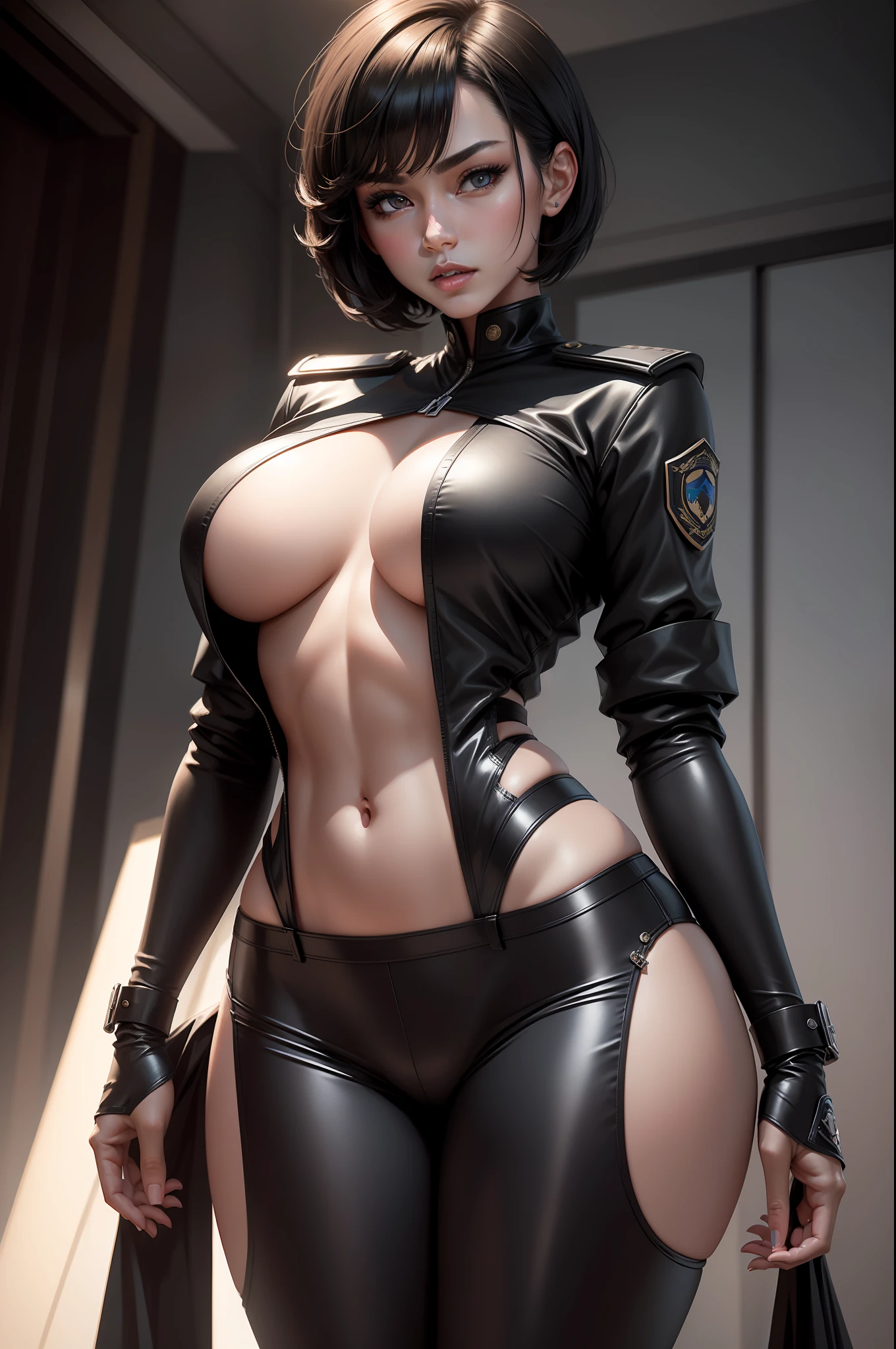 tmasterpiece，Best quality，younger female，Short hair，black color hair，Bigchest，校服，Perfect figure，Super fine face，extreme hight detail，Exquisite background，photorealistic eye，Police uniform，s the perfect face，Luzes Realistas，Slim abs：1.1