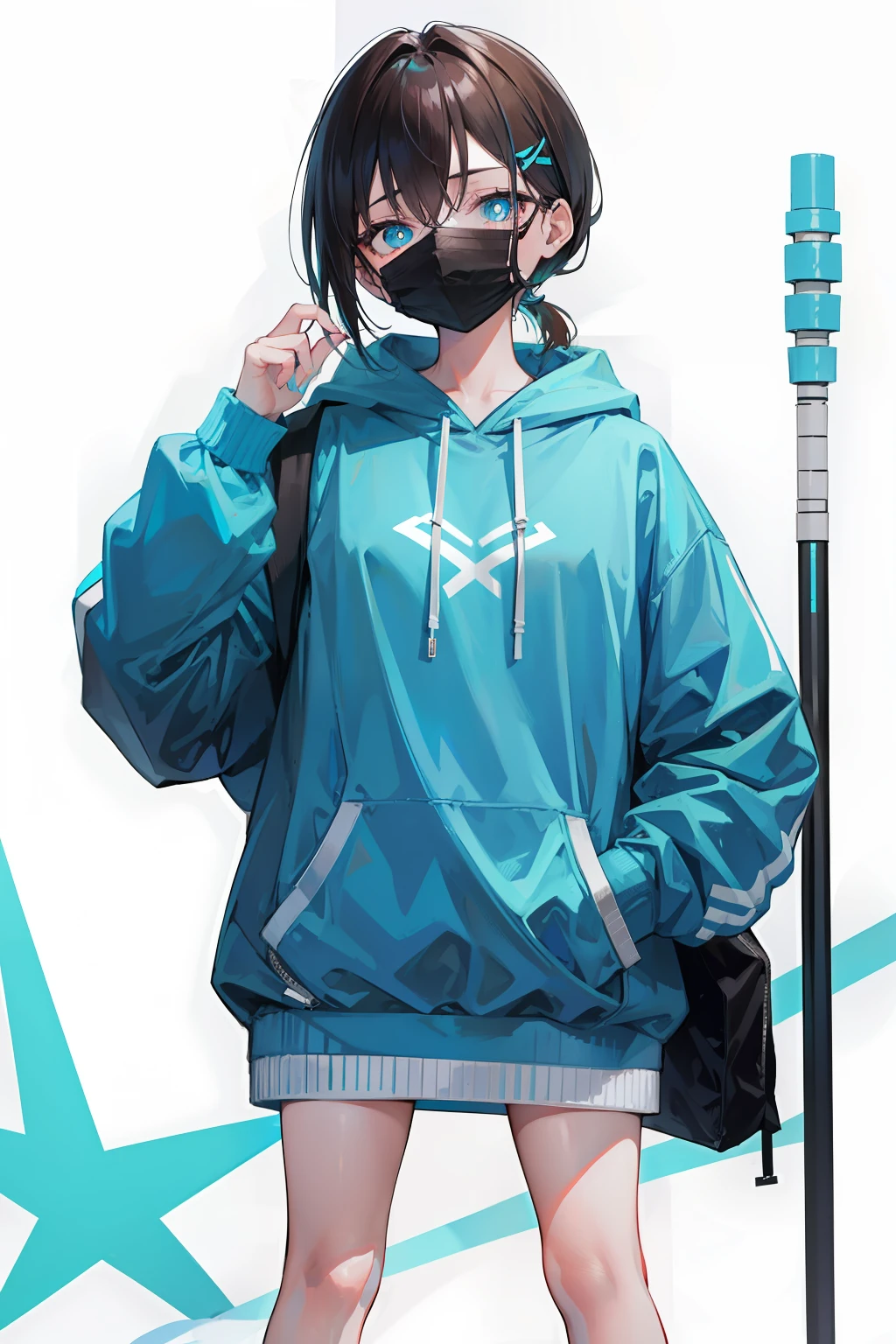 Cyan sweatshirt,hooding,with short brown hair,Bare legged,X-shaped hairpin,Light blue pupils,leg loops,Stick one hand in your pocket,Mare,Low ponytail,full bodyesbian,White sneakers,Bring a black mask,sideface