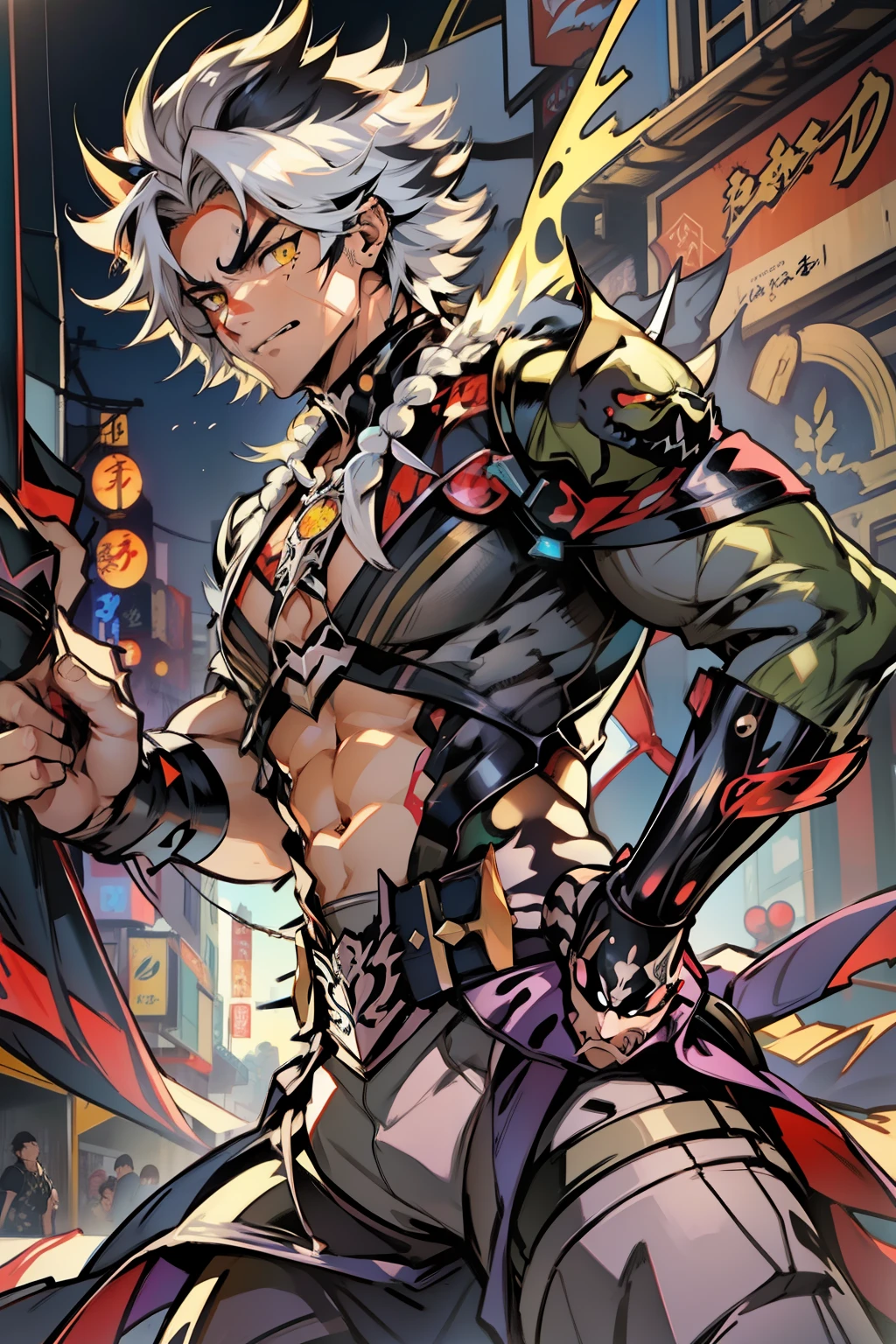 《the original god》Arataki Kazuto , male people,,((Masterpiece)), ((Best quality)), Ultra detailed,((illustration)), Dynamic Angle, Detailed light, (Delicate eyes), Floating, 1boy, Male focus, Head, Clothing, Yellow eyes, necklace, tattoo, (Forehead:0.8), (ahoge:0.8), jewelry, apathy,Ray, chest muscle, Sexy , Venom symbiote for your body, Black mucus of the body , (into venom), Venom,frontage,style of anime4 K, 4K anime wallpaper, Badass anime 8 K, 4 k comic wallpaper, young anime man, Anime boys, Anime wallpapers 4 k, Anime wallpaper 4K, High quality anime art style, Anime moe art style, Anime art wallpaper 8 K, Anime art wallpaper 4 K, RGB lighting