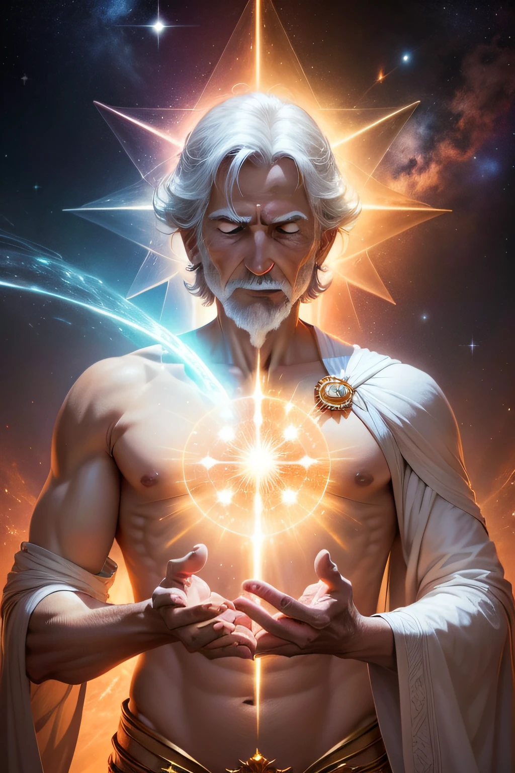 The Creator manifests as an old, radiant male ethereal entity, envolta em luz dourada e brilhante. Ele pode assumir formas diversas, from an angelic being to a cosmic figure of astronomical proportions.