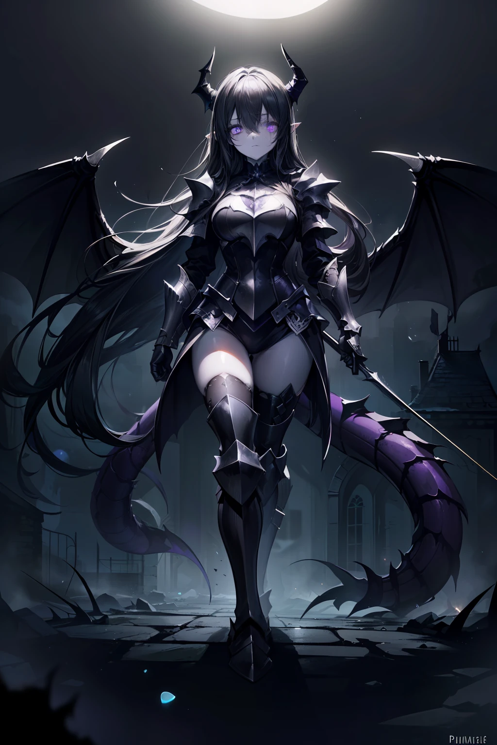 {{masterpiece, best quality, extremely detailed CG, unity 8k wallpaper,anatomically correct,ultra resolution}},Award-winning photography,(best illumination,Very Delicate and Beautiful),{one girl,solo},full body view,knight,(black long hair:1.5),purple eyes,(extremely beautiful and detailed face:1.2), (extremely beautiful and detailed eyes:1.2),perfect hands,delicate legs,((black dragon horns,huge dragon wings,one dragon tail:1.2)),(epic),pointy ears,purple earrings,purple jewelry,((Plate Armor:1.2,breastplate,greaves,armored boots,armored gloves)),looking at viewer,dark persona,evil,(cute:1.5),((night, dark atmosphere, dark theme, scary atmosphere, darkness:1.5)),dramatic shadows,(dimly lit:1.5),(purple Luminescent Particles:1.4),depth of field,(outdoor:1.5,haunted Gothic castle:1.2),{perfect human body structure with maximum precision}