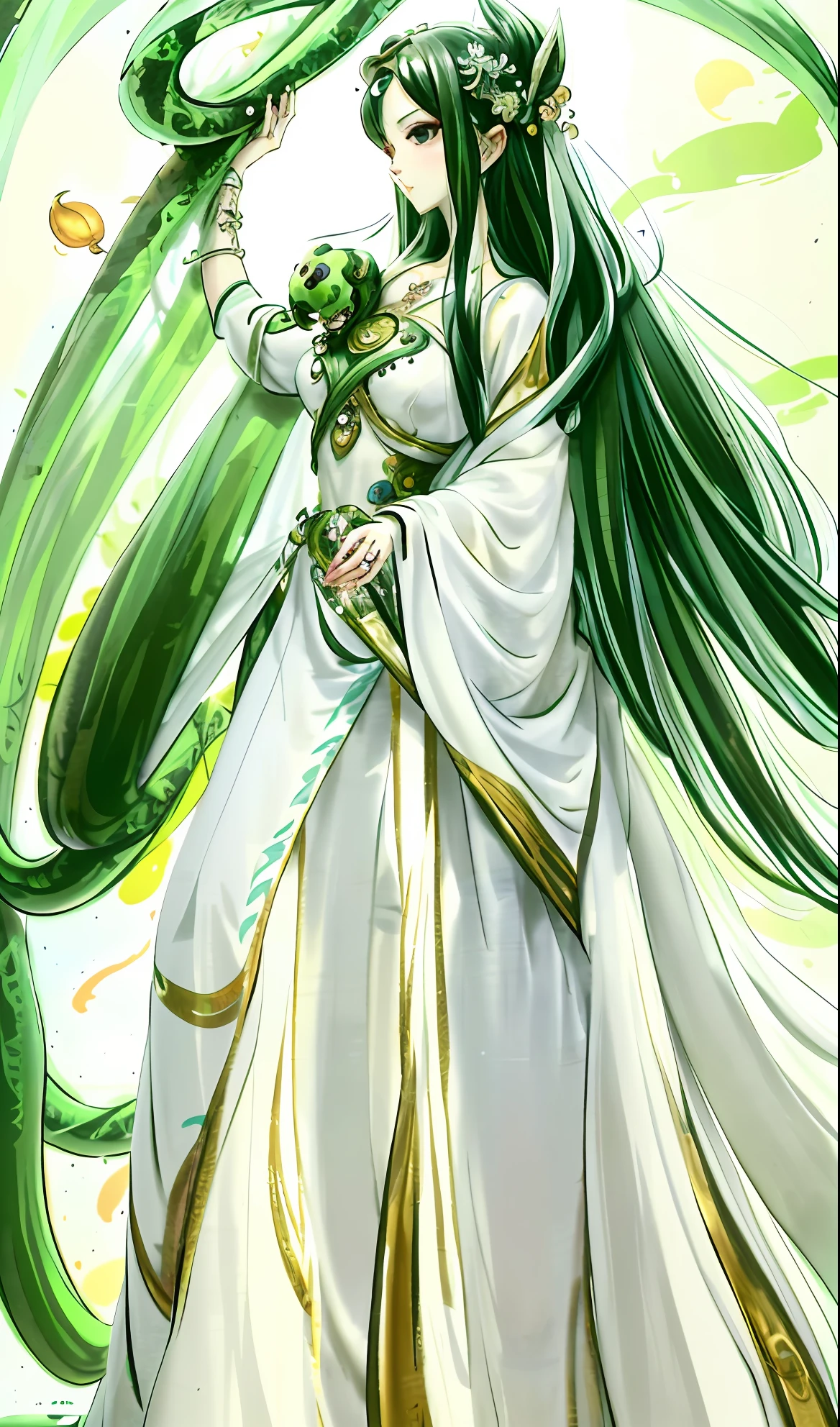 An Arad woman in a white shirt and green pants holds a snake, lady palutena, character adoptable, Goddess of mischief, eldritch goddess, palutena, Mago da Terra Feminino, her many snakes as hair, Eldridge color scheme, Art Nouveau is stylish, pixie character, inspired in kris from deltarrune, oriental art nouveau